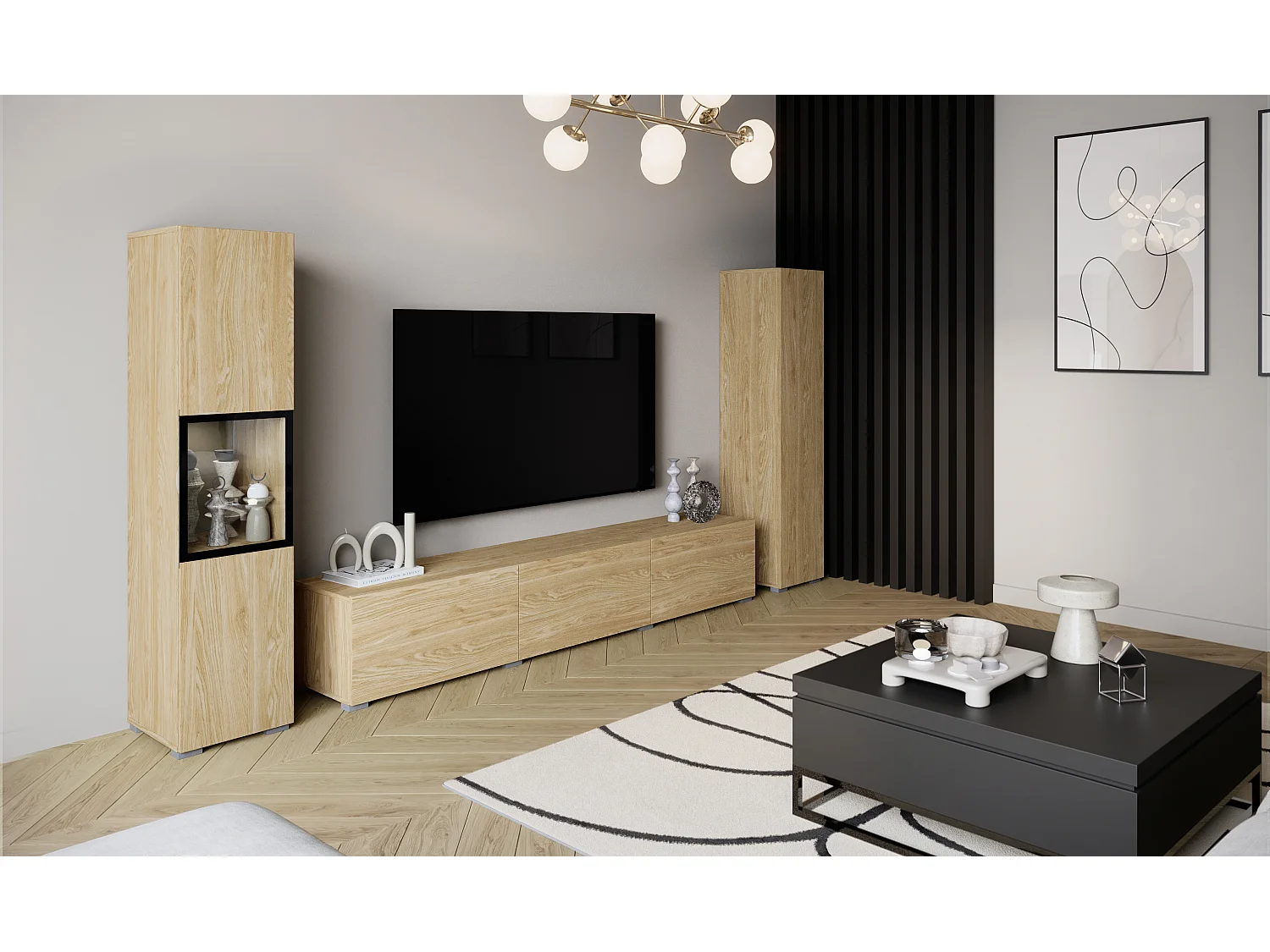 Moderne wandmeubelset met TV-meubel 180 cm, vitrinekast en hoge kast voor woonkamer