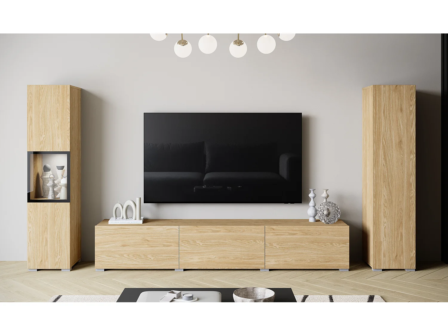 Moderne wandmeubelset met TV-meubel 180 cm, vitrinekast en hoge kast voor woonkamer