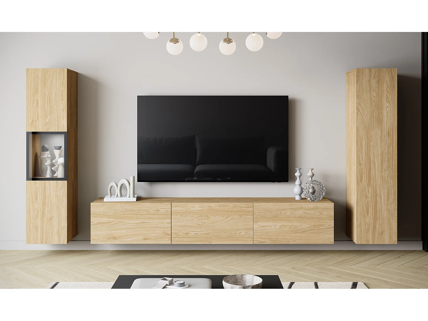 Moderne wandmeubelset met TV-meubel 180 cm, vitrinekast en hoge kast voor woonkamer