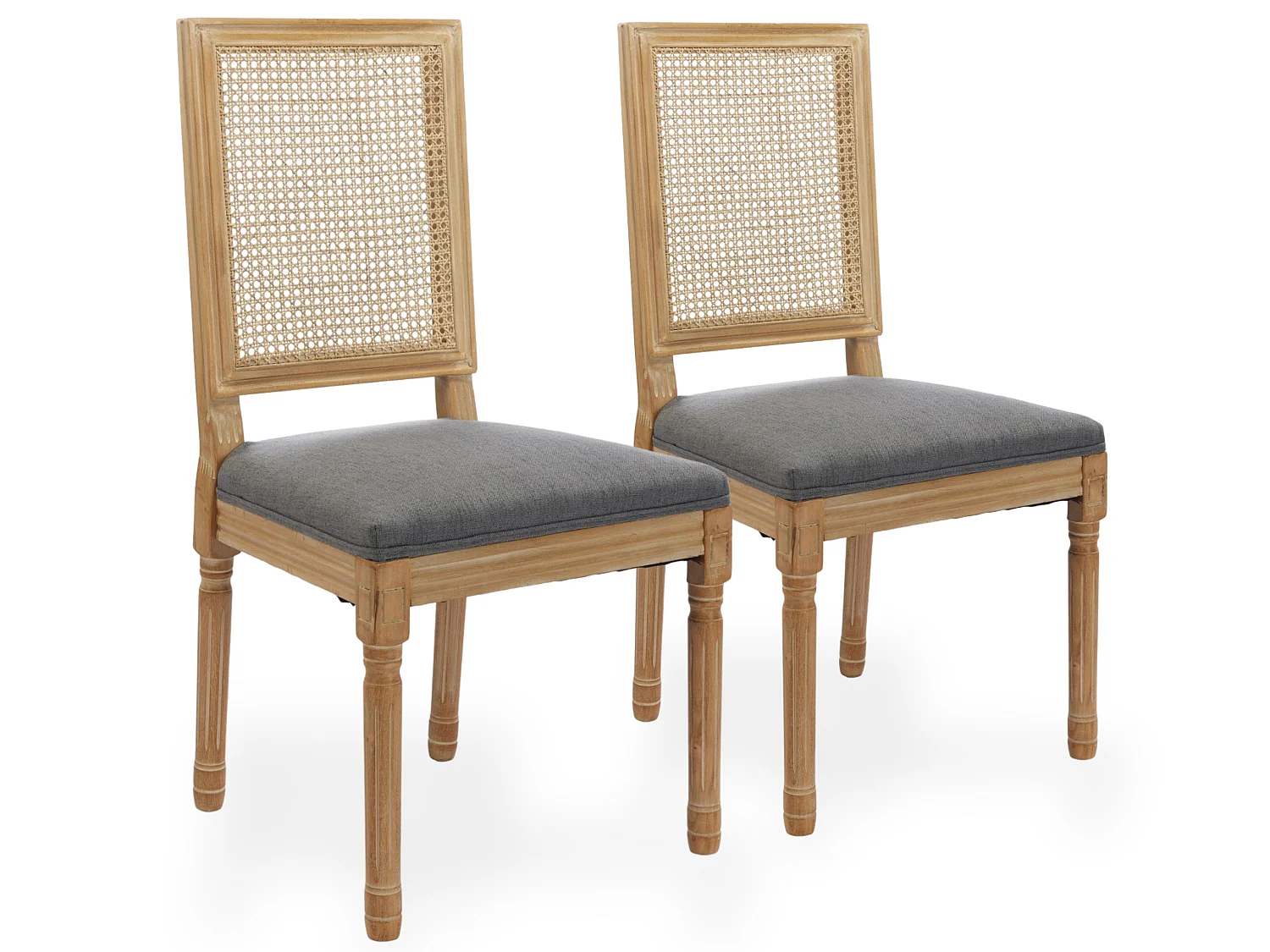Sedie da Pranzo Vintage Francesi con Schienale in Rattan, Rivestimento in Lino e Molle a S, Set di 2