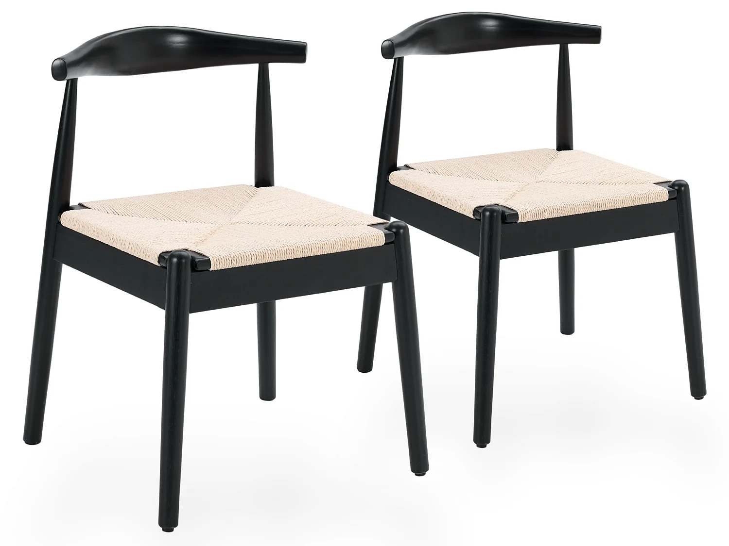 Set di 2 sedie da pranzo in legno con seduta in corda di carta e schienale curvo