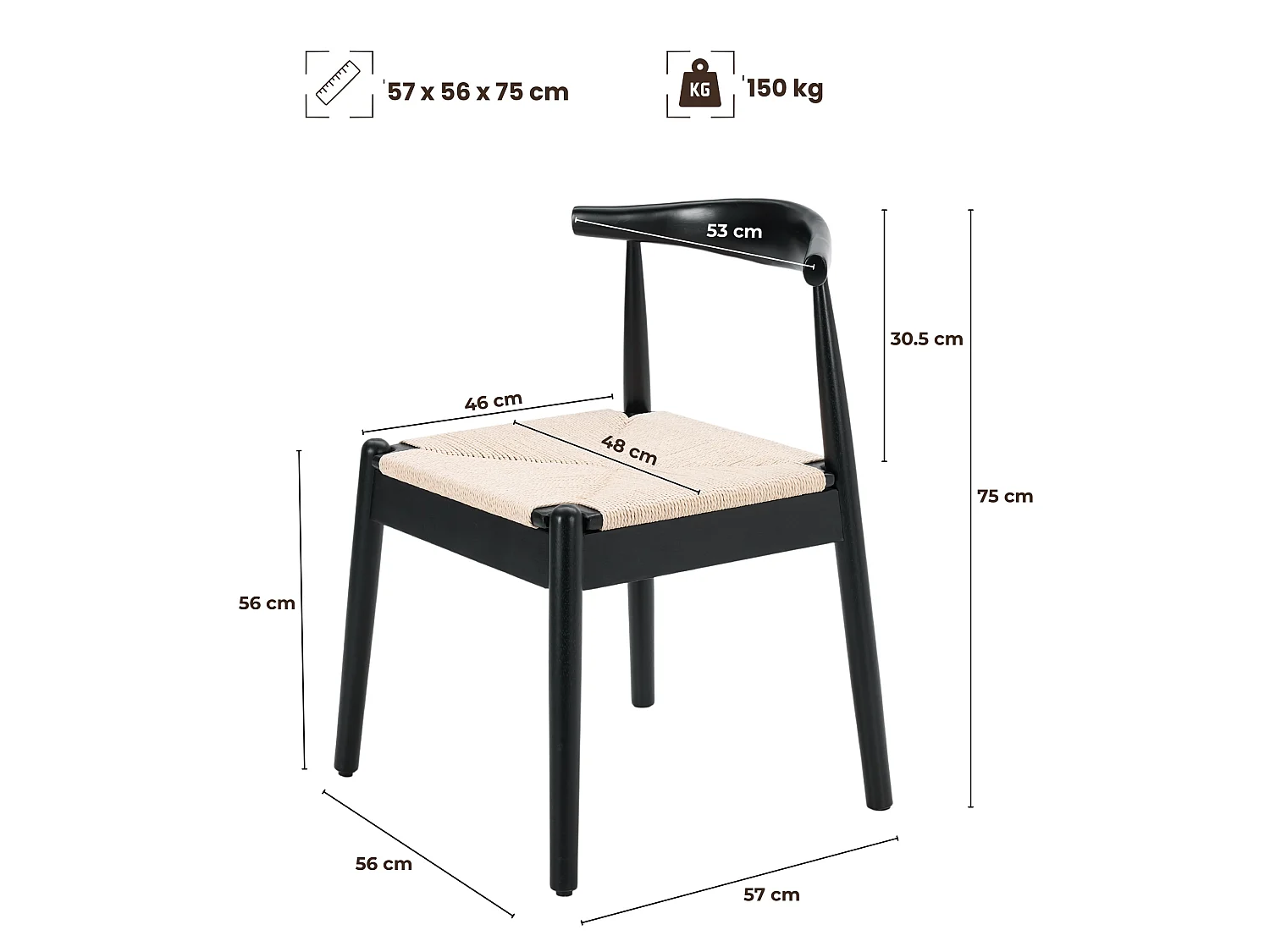 Set di 2 sedie da pranzo in legno con seduta in corda di carta e schienale curvo