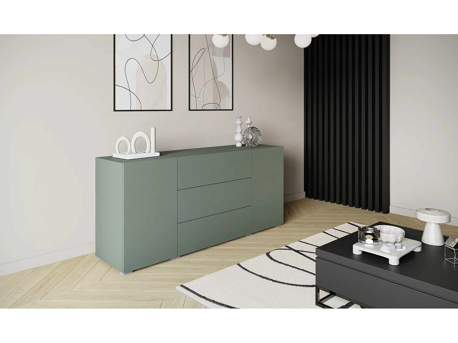 Commode moderne 150 cm sur pieds, 3 tiroirs et 2 placards, vert brume mat