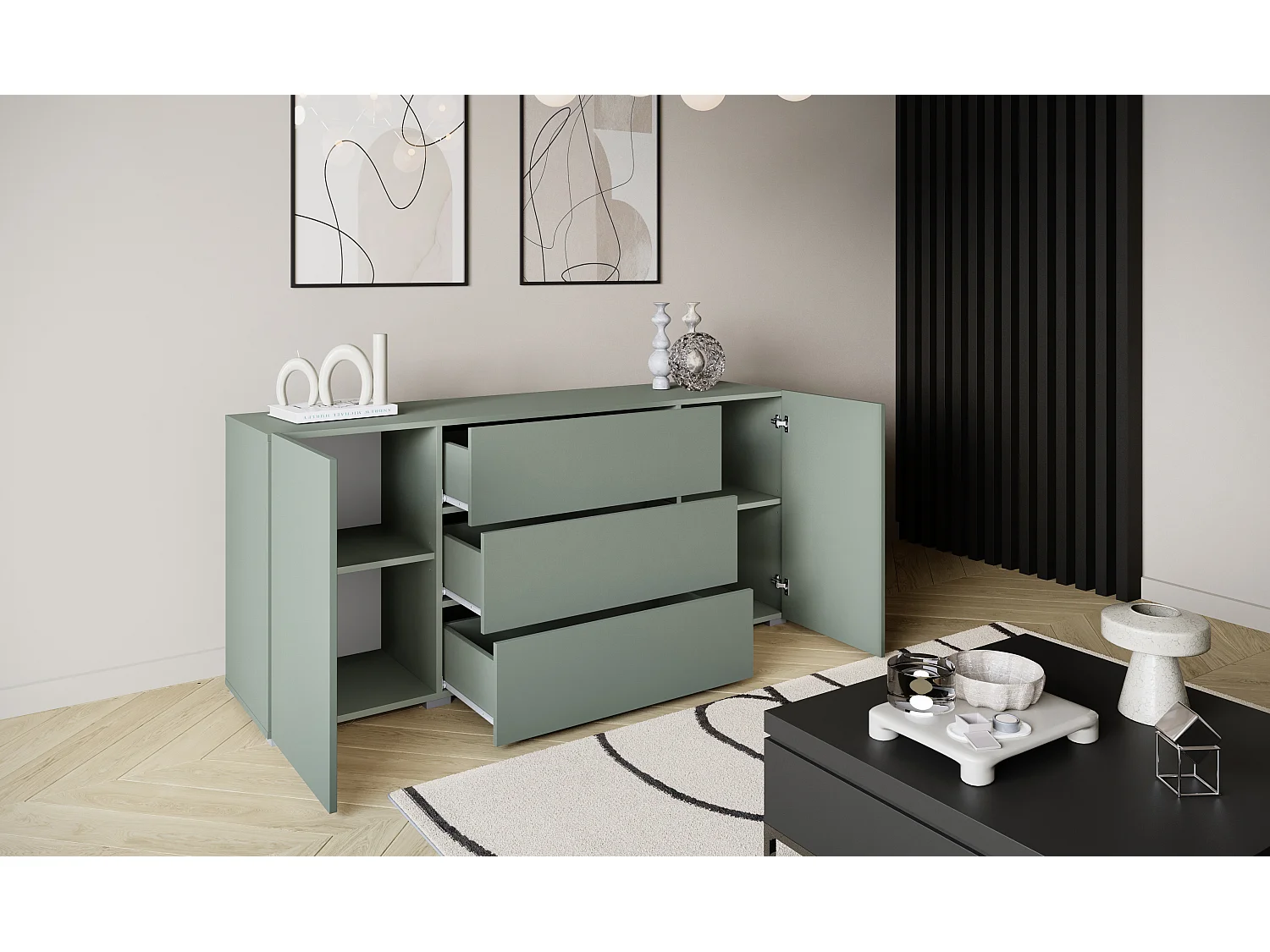Commode moderne 150 cm sur pieds, 3 tiroirs et 2 placards, vert brume mat
