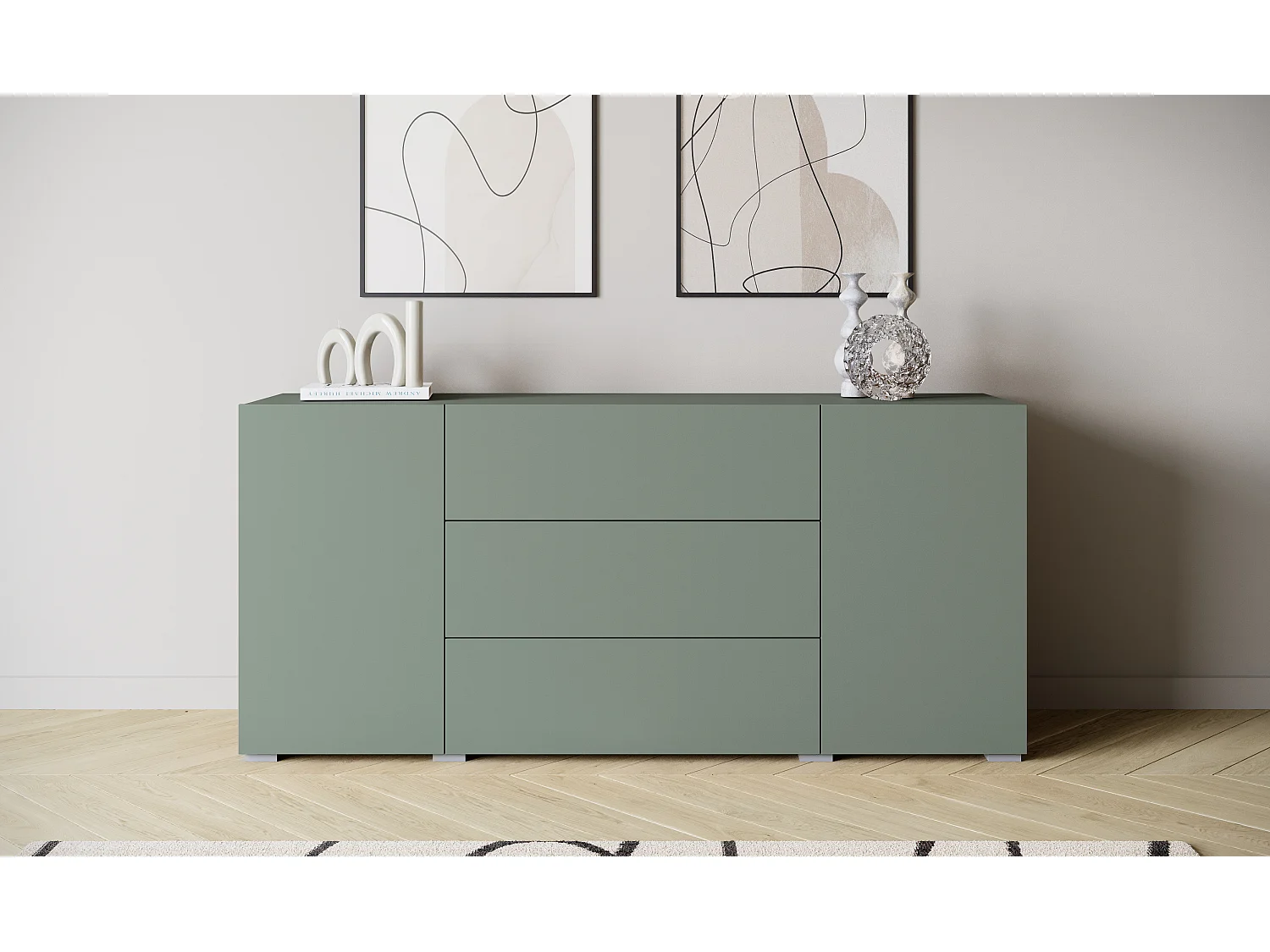 Commode moderne 150 cm sur pieds, 3 tiroirs et 2 placards, vert brume mat