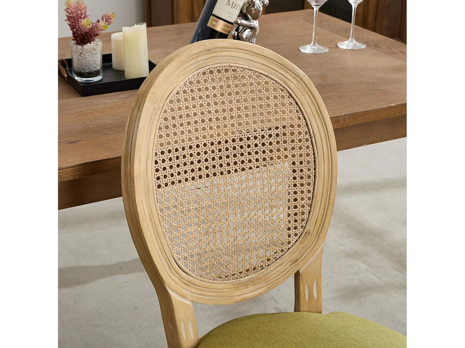 Chaises de Salle à Manger Vintage Françaises Ensemble de 2, Dossier en Rotin, Revêtement en Lin