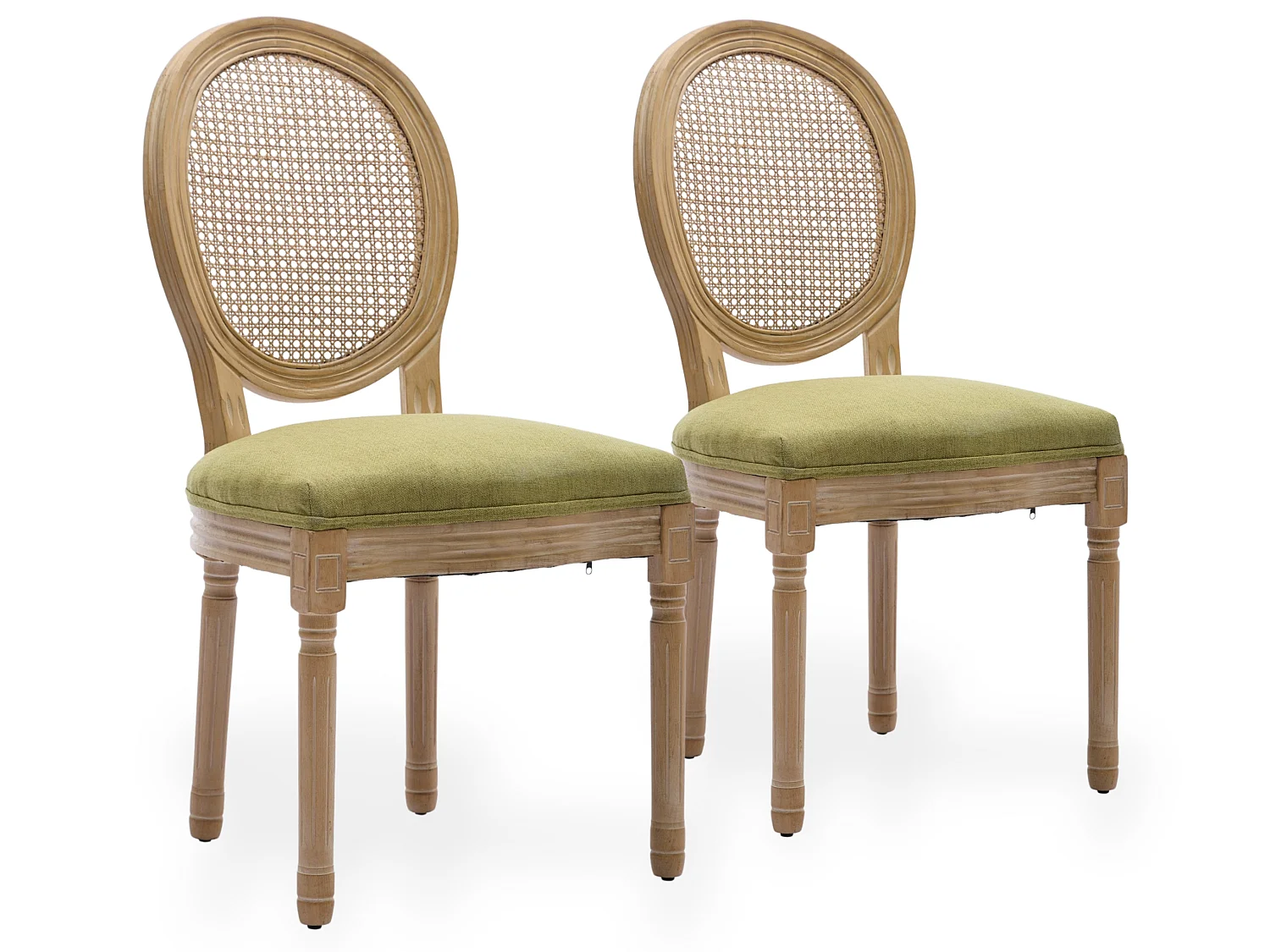 Chaises de Salle à Manger Vintage Françaises Ensemble de 2, Dossier en Rotin, Revêtement en Lin