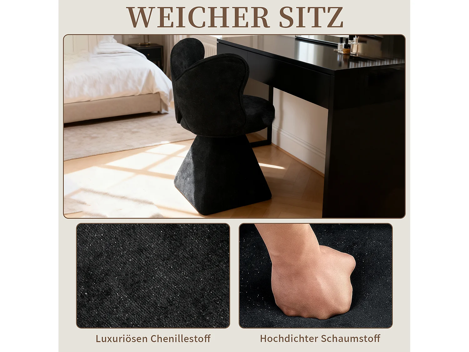 Draaibare Kaptafelstoel met Vlinder Rugleuning, 360° Rotatie, Chenille-Velvet Bekleding, Stabiele Driehoekige Basis