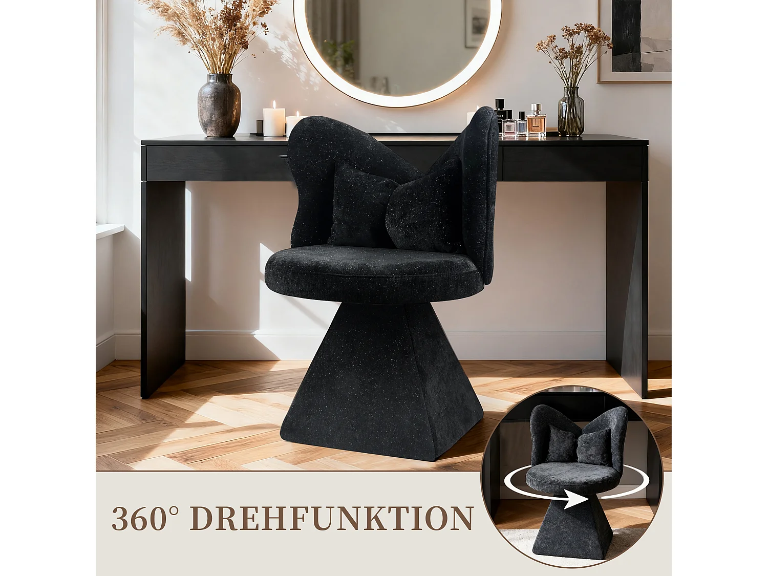 Draaibare Kaptafelstoel met Vlinder Rugleuning, 360° Rotatie, Chenille-Velvet Bekleding, Stabiele Driehoekige Basis