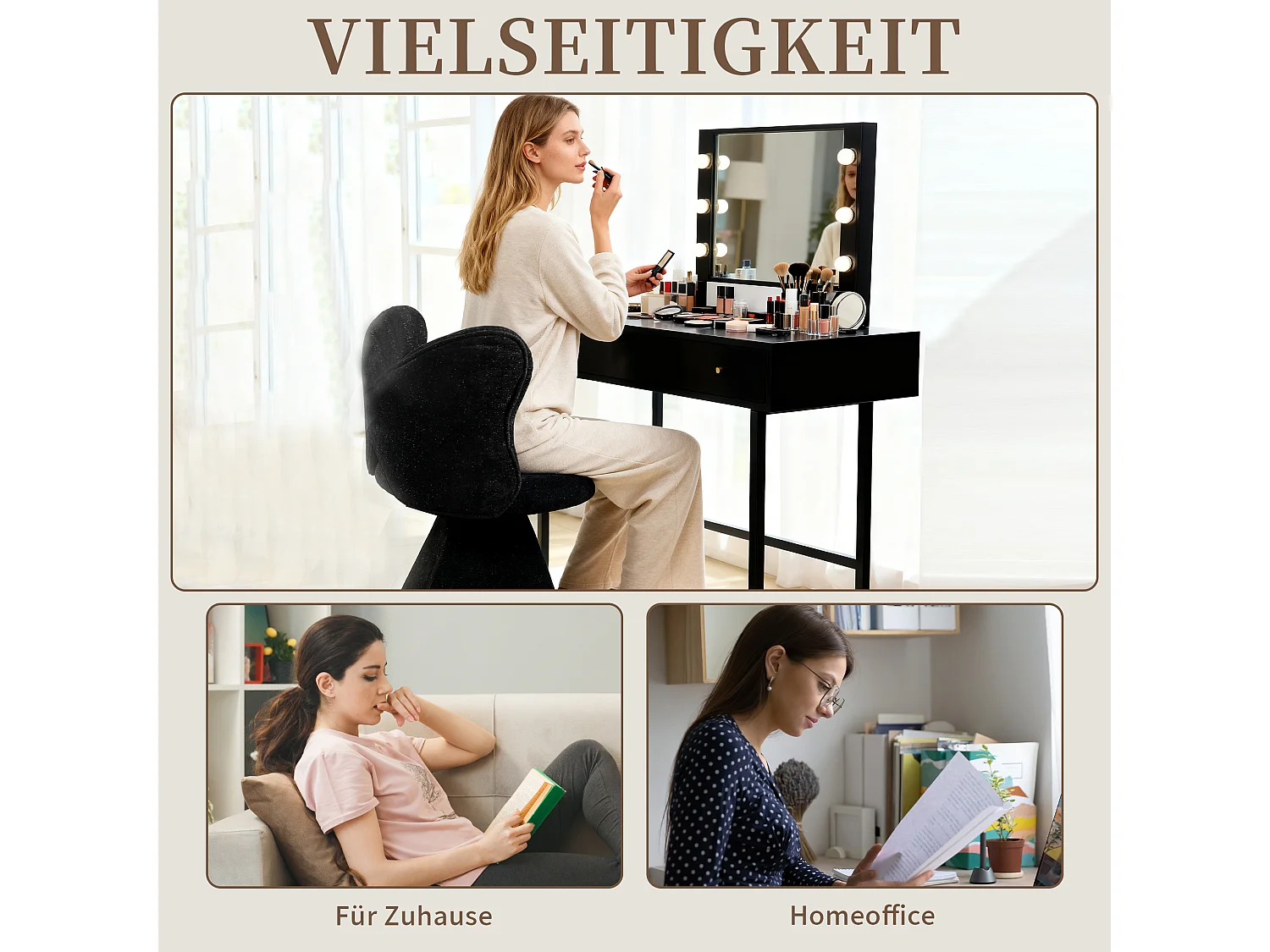 Draaibare Kaptafelstoel met Vlinder Rugleuning, 360° Rotatie, Chenille-Velvet Bekleding, Stabiele Driehoekige Basis