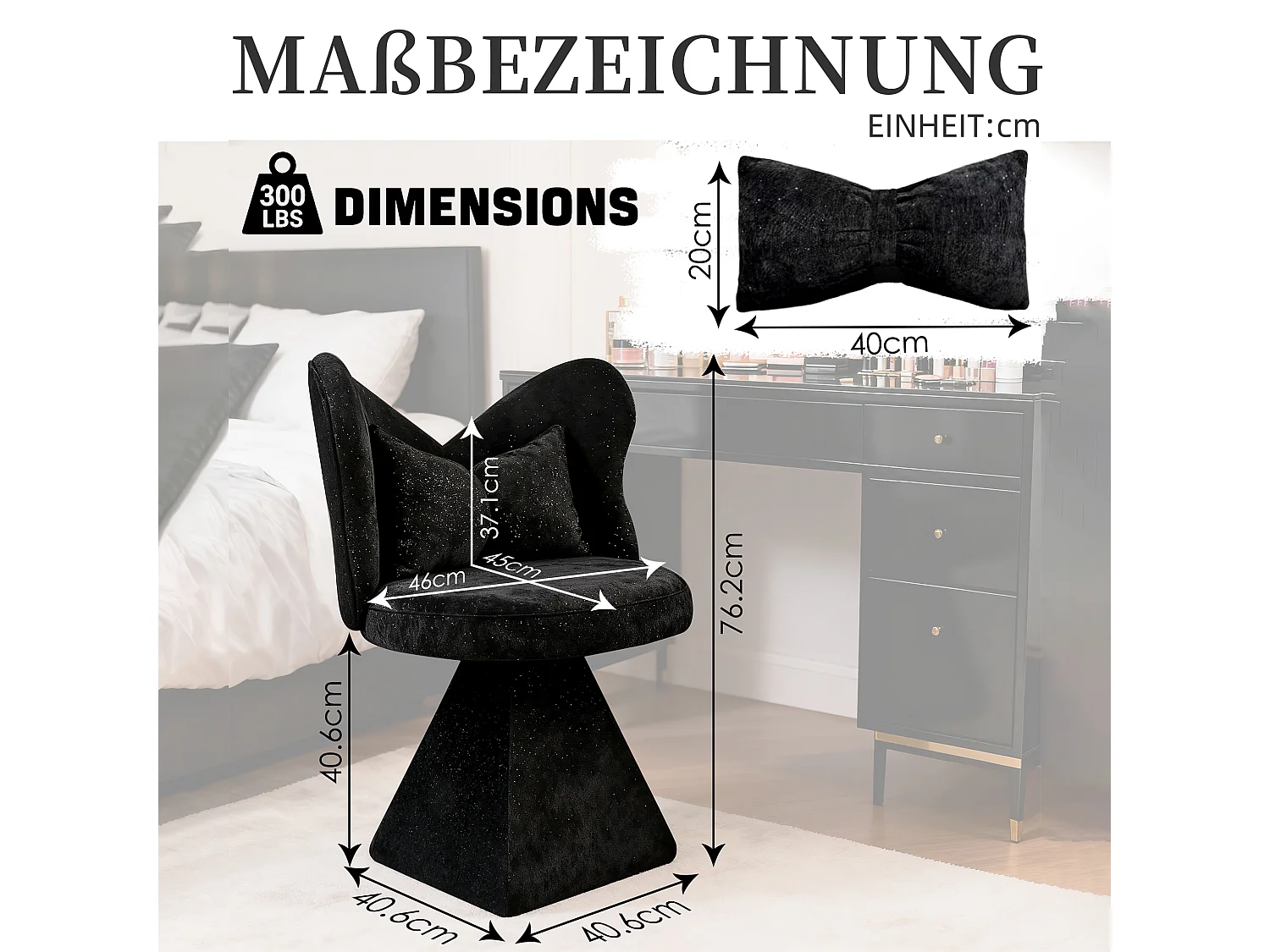 Draaibare Kaptafelstoel met Vlinder Rugleuning, 360° Rotatie, Chenille-Velvet Bekleding, Stabiele Driehoekige Basis