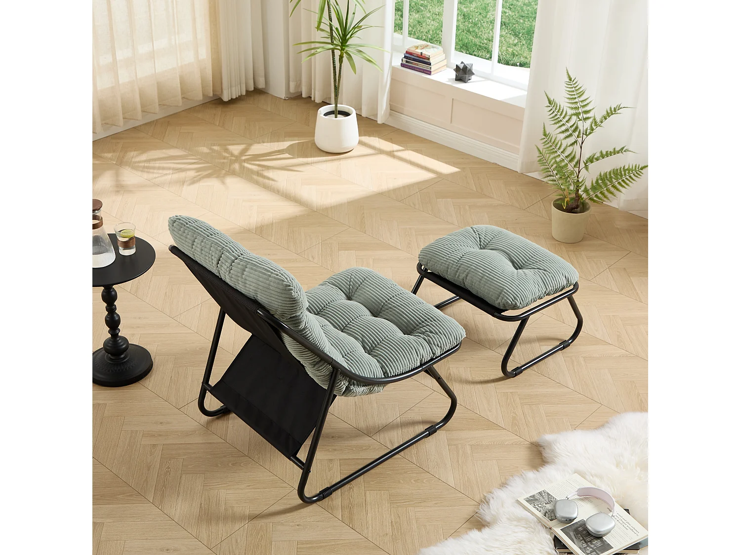 Fauteuil de Jardin avec Repose-Pieds Ottoman, Rembourrage Épais et Siège Respirant - Style Moderne Vert Clair
