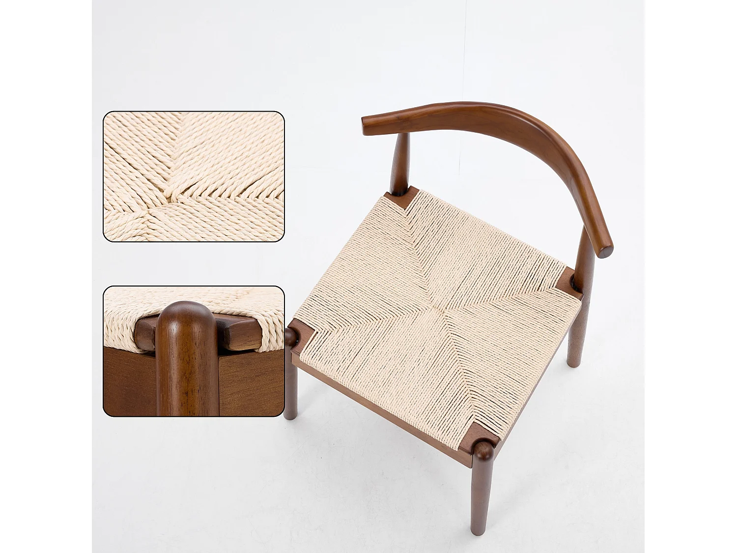 Set van 2 Houten Eetkamerstoelen met Handgeweven Papierkoord Zitting en Gebogen Rugleuning
