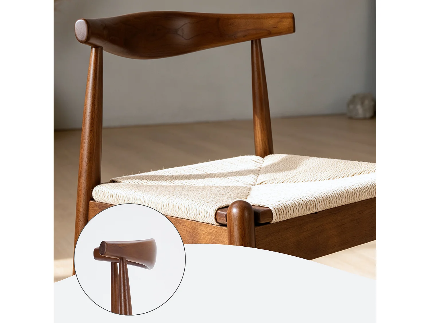 Set van 2 Houten Eetkamerstoelen met Handgeweven Papierkoord Zitting en Gebogen Rugleuning