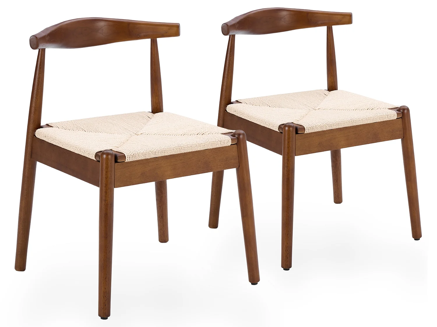 Set van 2 Houten Eetkamerstoelen met Handgeweven Papierkoord Zitting en Gebogen Rugleuning