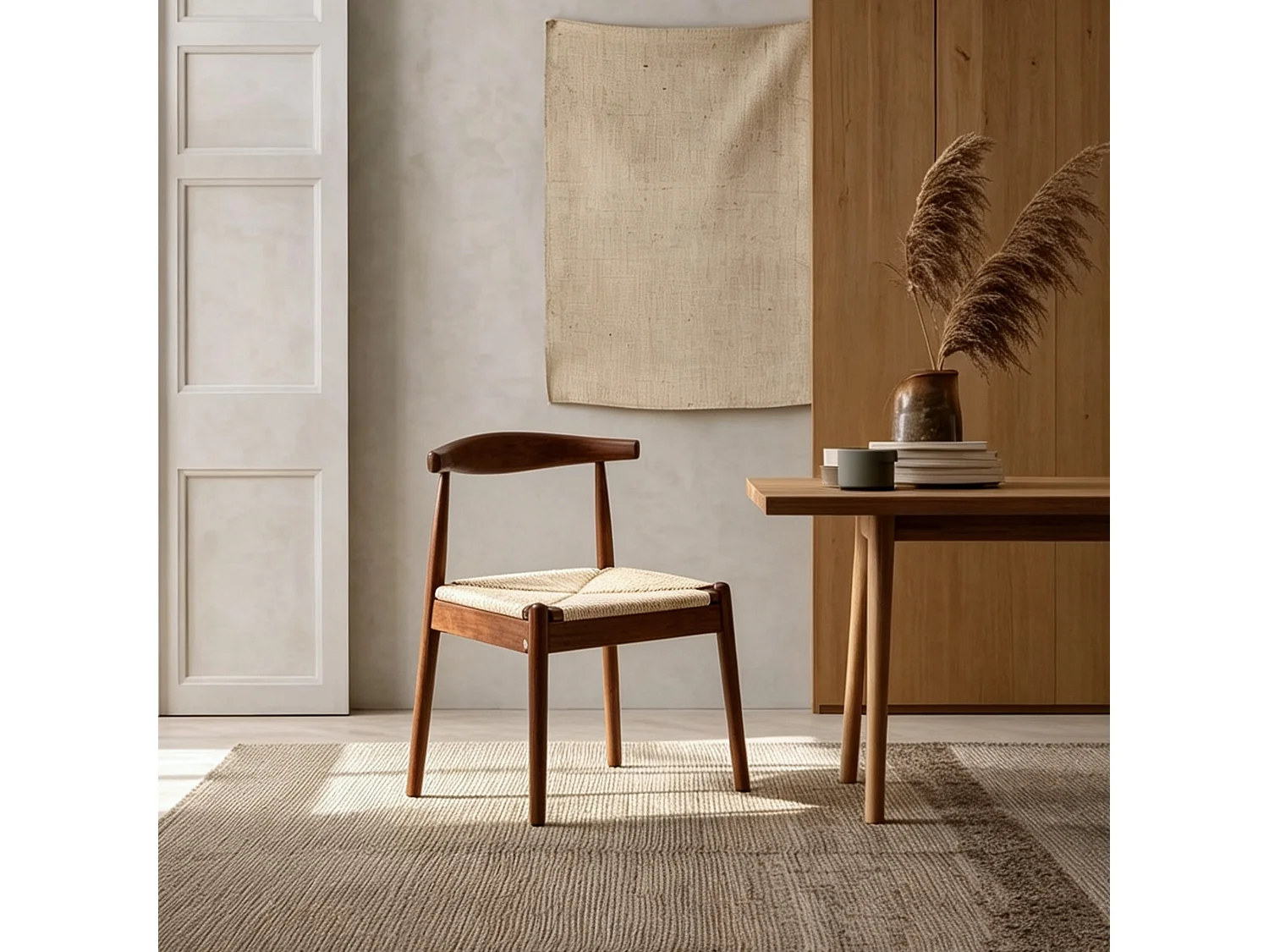 Set van 2 Houten Eetkamerstoelen met Handgeweven Papierkoord Zitting en Gebogen Rugleuning