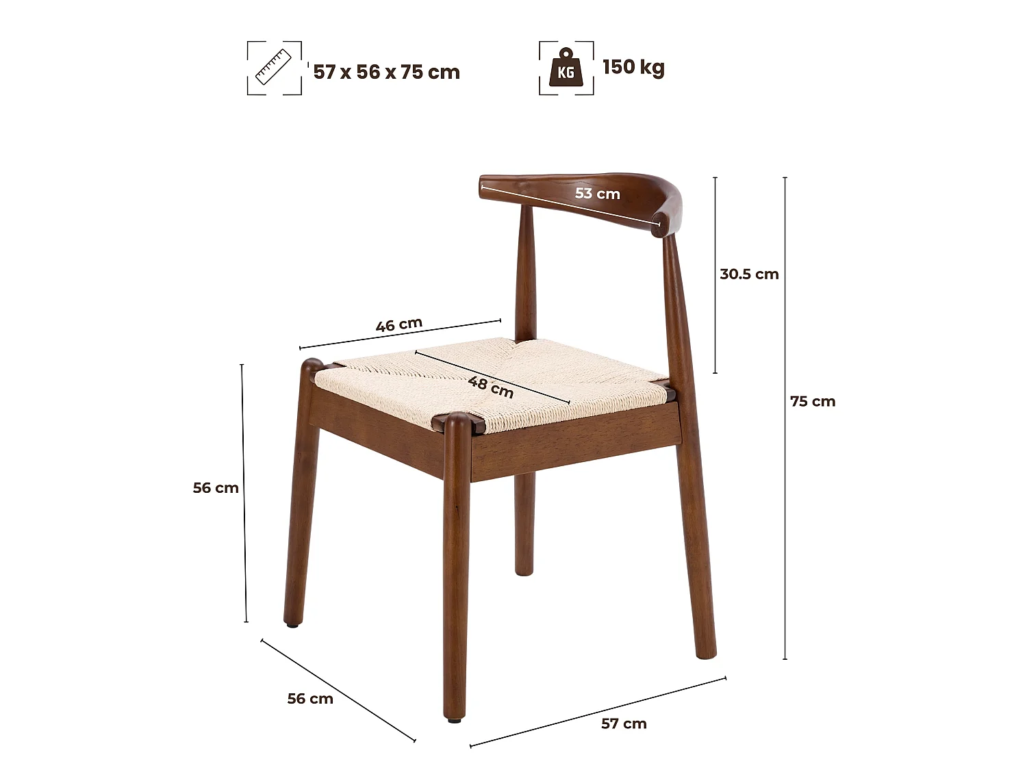 Set van 2 Houten Eetkamerstoelen met Handgeweven Papierkoord Zitting en Gebogen Rugleuning