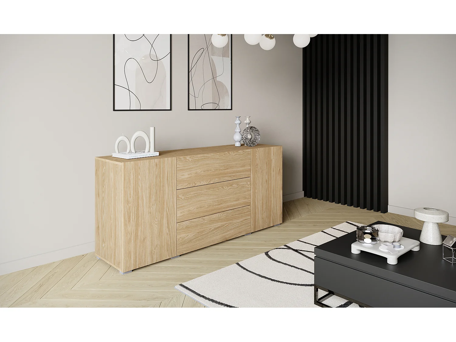 Moderne Kommode 150 cm stehend, 3 Schubladen und 2 Schränke, Eiche geölt matt