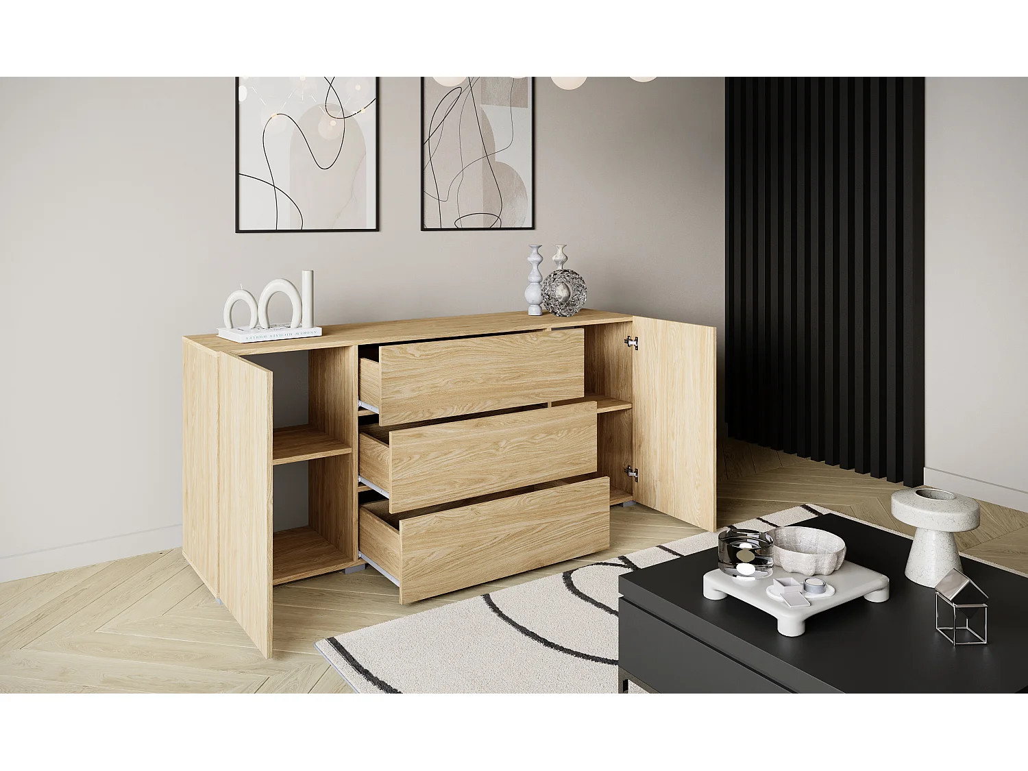 Moderne Kommode 150 cm stehend, 3 Schubladen und 2 Schränke, Eiche geölt matt