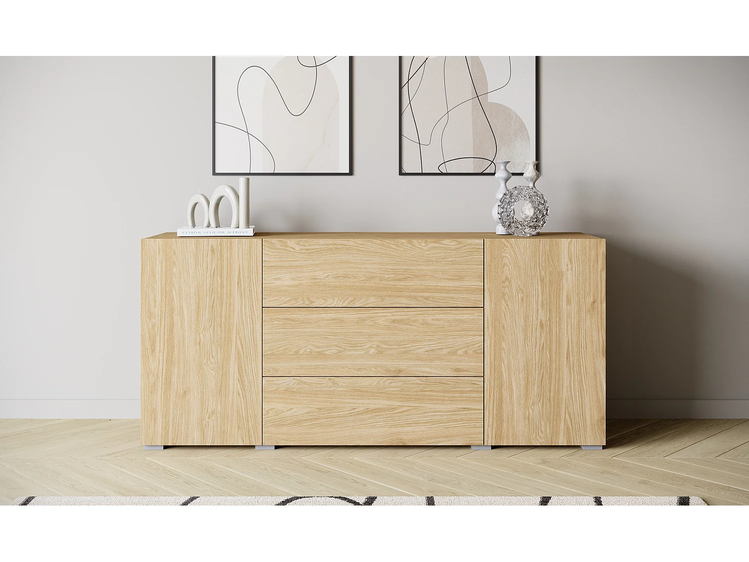 Moderne Kommode 150 cm stehend, 3 Schubladen und 2 Schränke, Eiche geölt matt