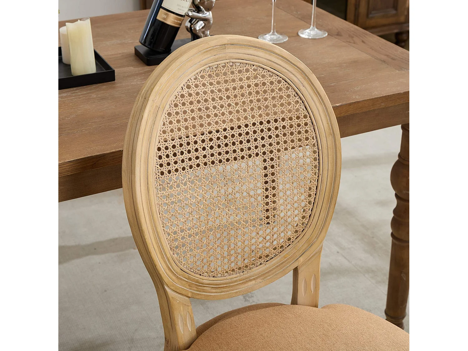 Sedie da Pranzo Vintage Francesi Set da 2, Schienale in Rattan, Rivestimento in Lino