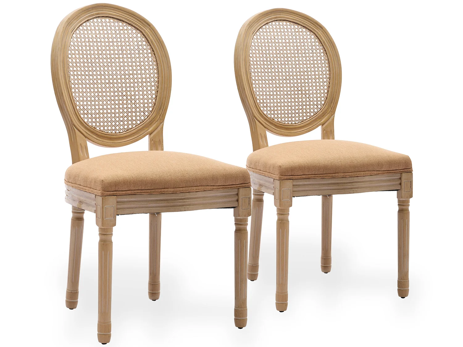 Sedie da Pranzo Vintage Francesi Set da 2, Schienale in Rattan, Rivestimento in Lino