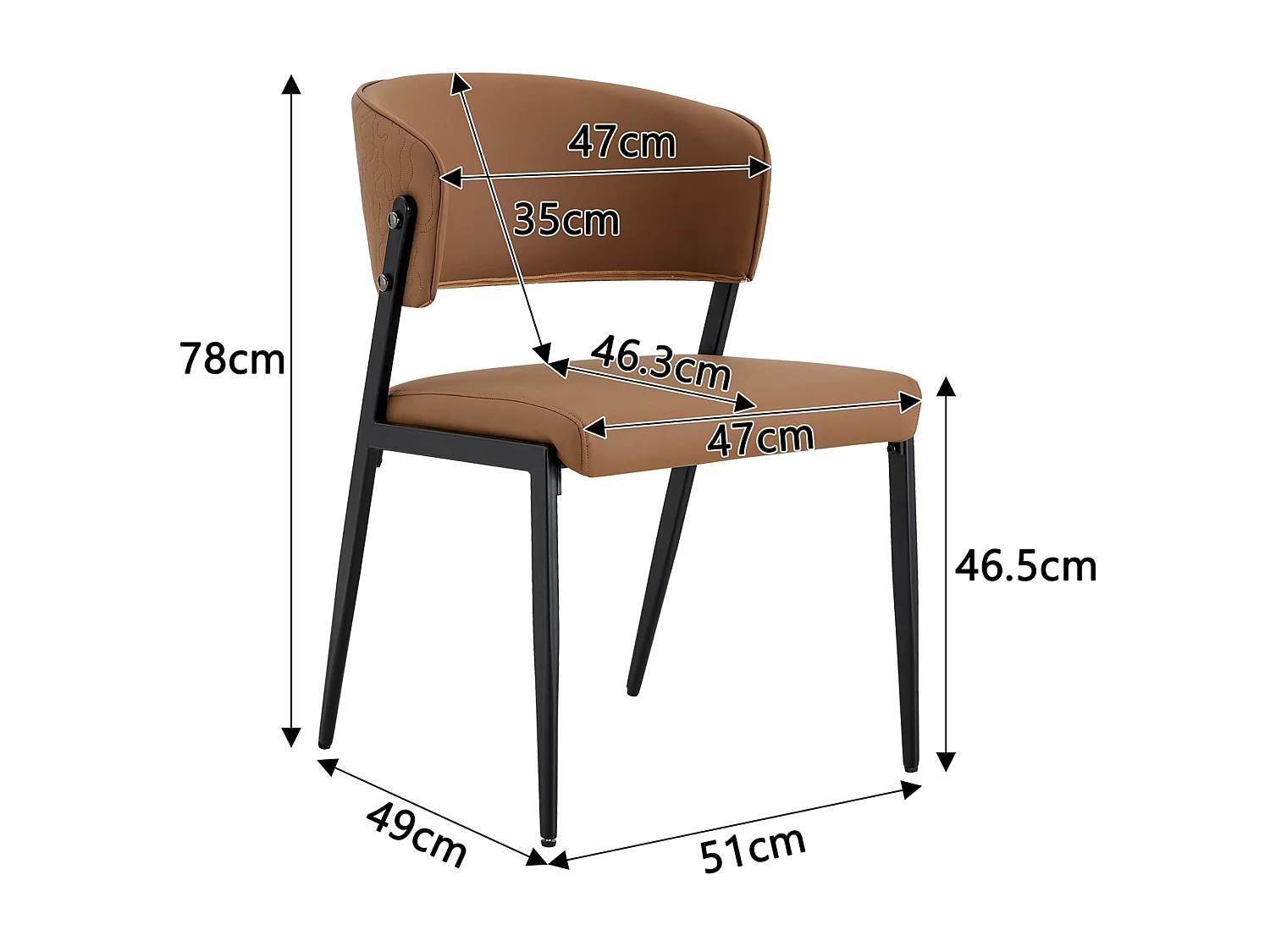 Moderne Set van 2 Eetkamerstoelen met Gebogen Gestoffeerde Rugleuning, PU Bekleding en Metalen Poten