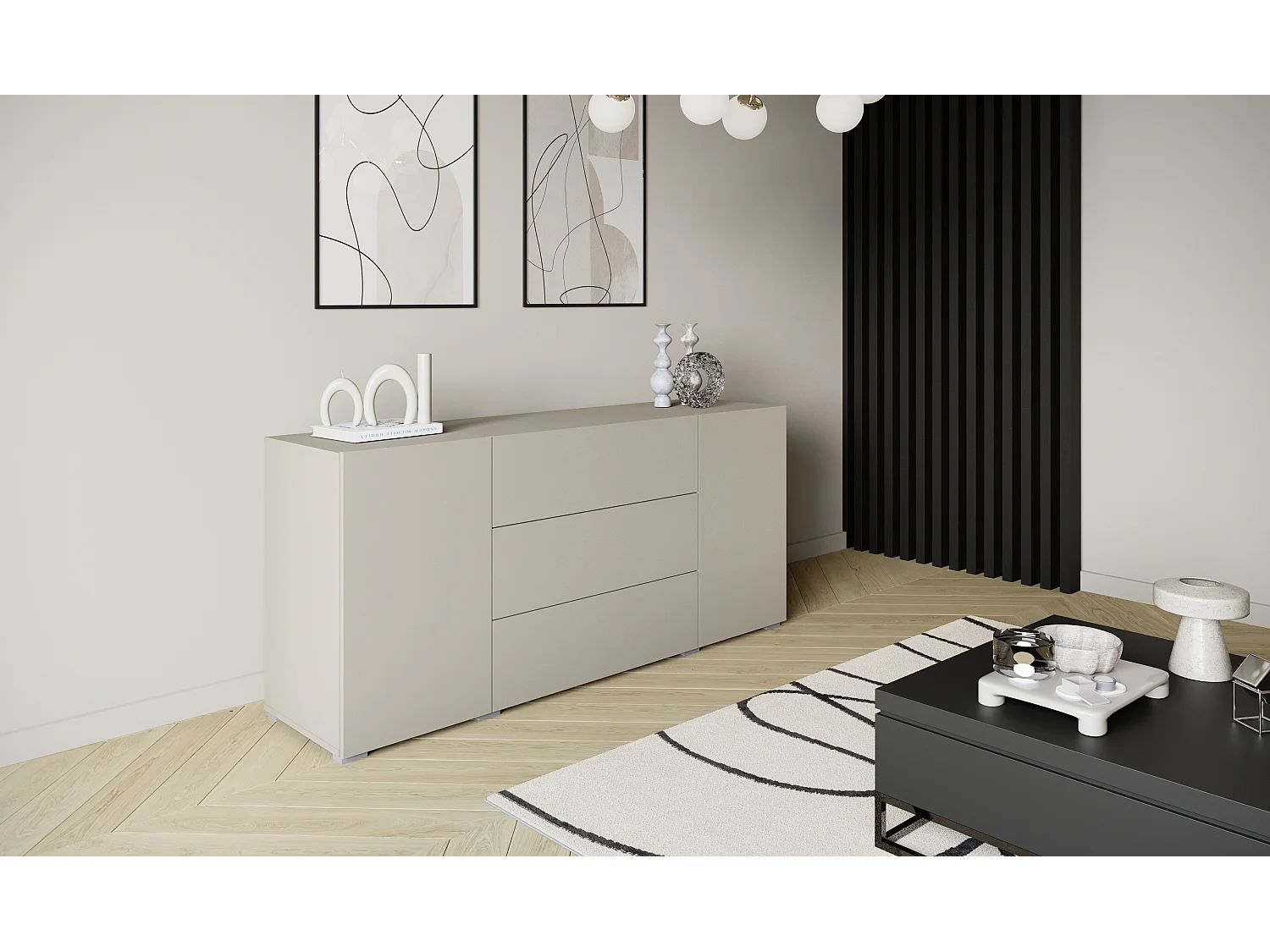 Moderne Kommode 150 cm stehend, 3 Schubladen und 2 Schränke, Kaschmir matt