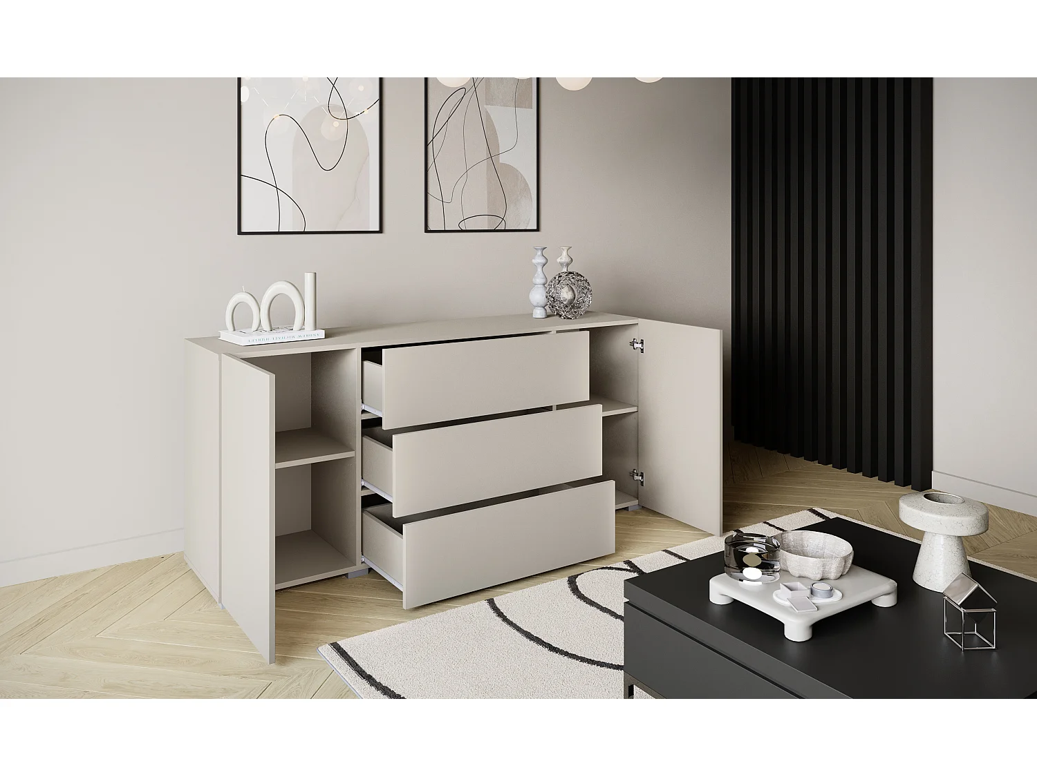 Moderne Kommode 150 cm stehend, 3 Schubladen und 2 Schränke, Kaschmir matt