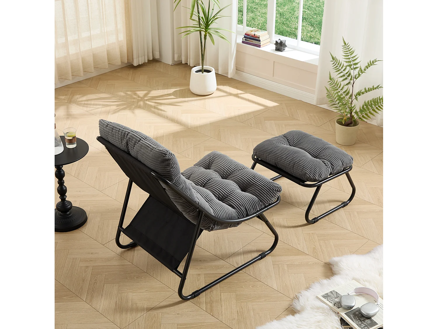 Chaise longue d'extérieur avec repose-pieds ottoman, rembourrage épais et siège respirant - Style moderne gris