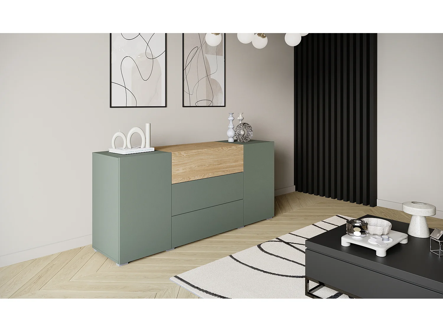 Commode moderne 150 cm sur pieds, 3 tiroirs et 2 placards, finition mate
