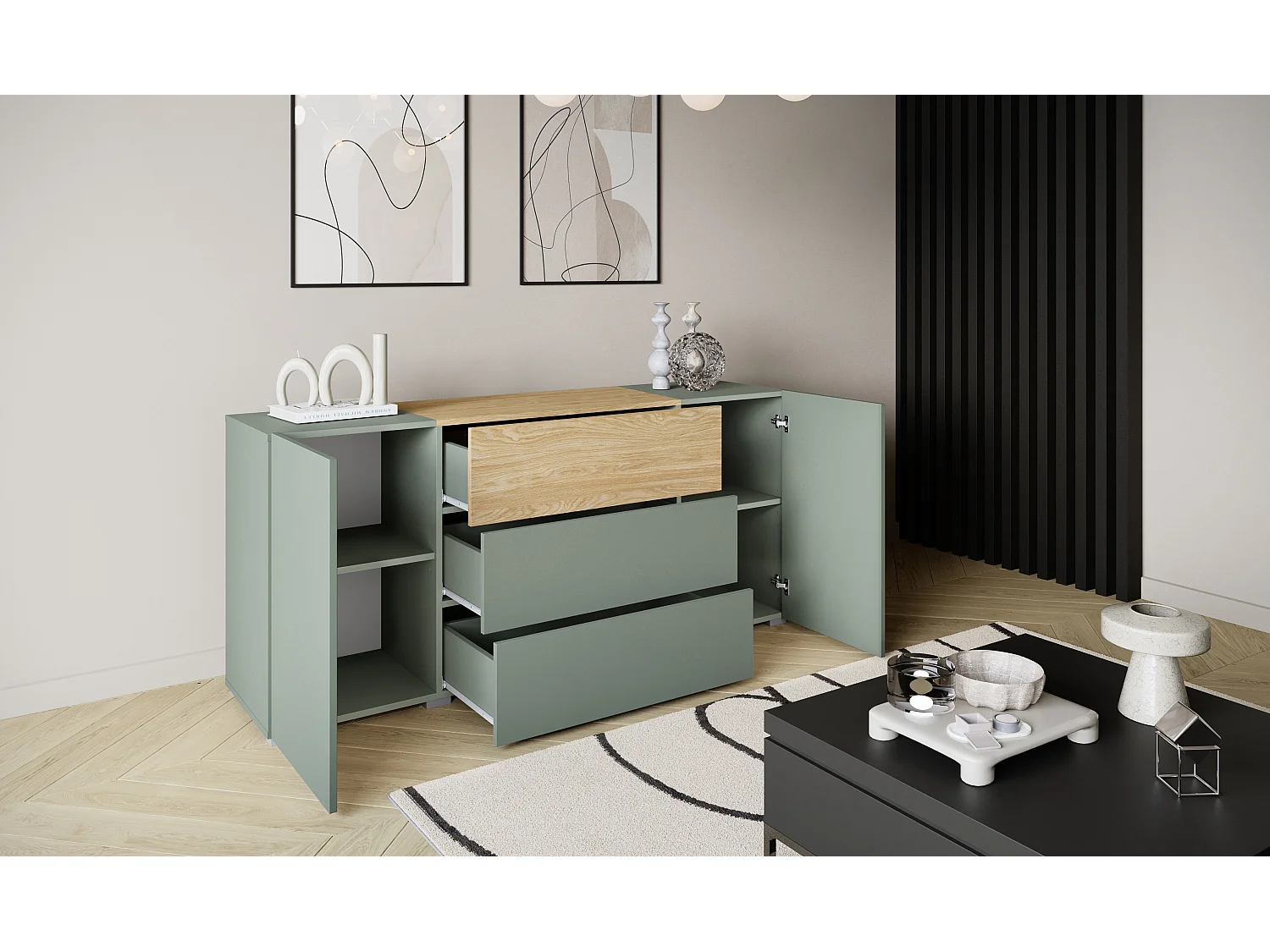 Commode moderne 150 cm sur pieds, 3 tiroirs et 2 placards, finition mate