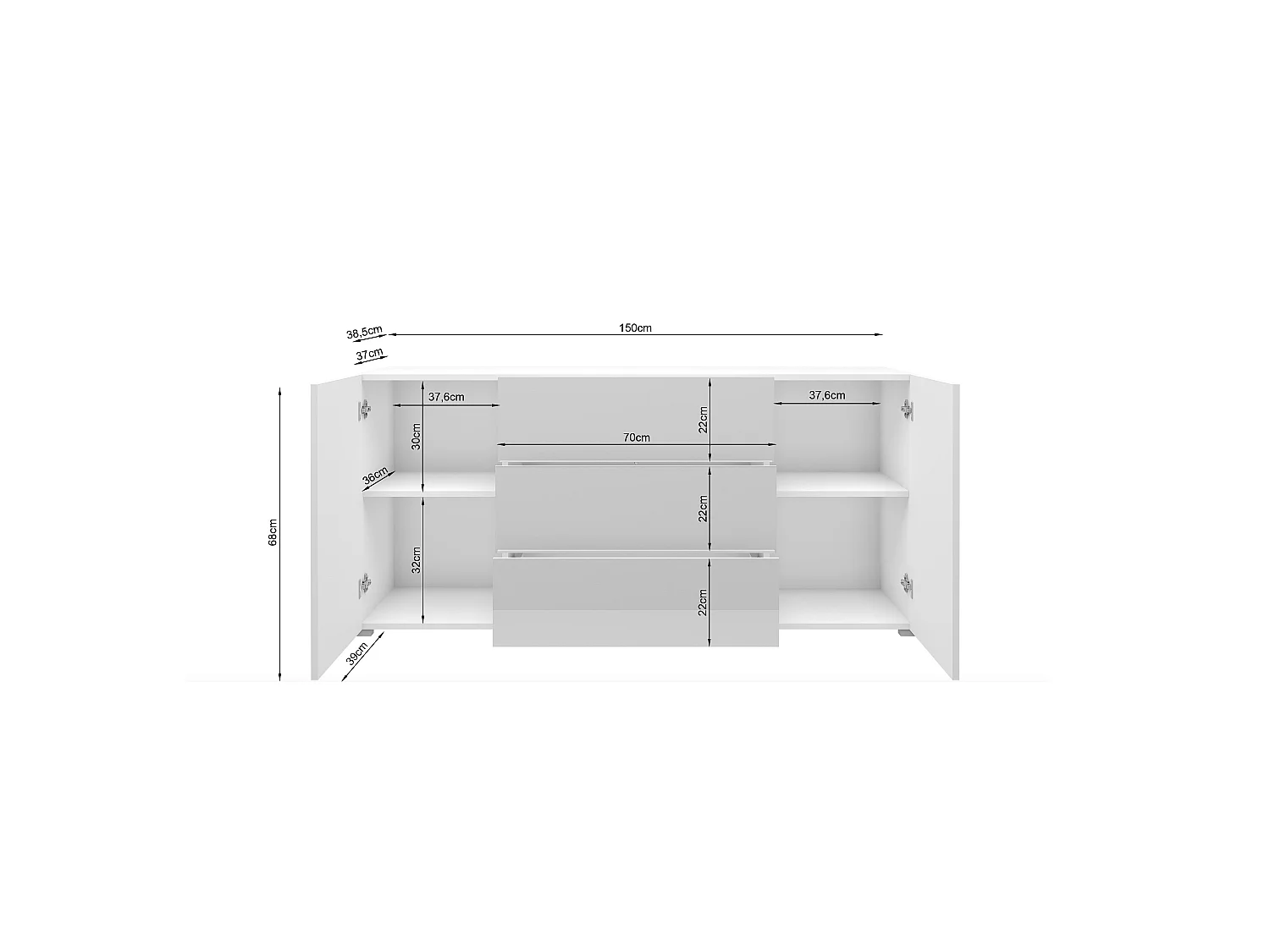 Commode moderne 150 cm sur pieds, 3 tiroirs et 2 placards, finition mate