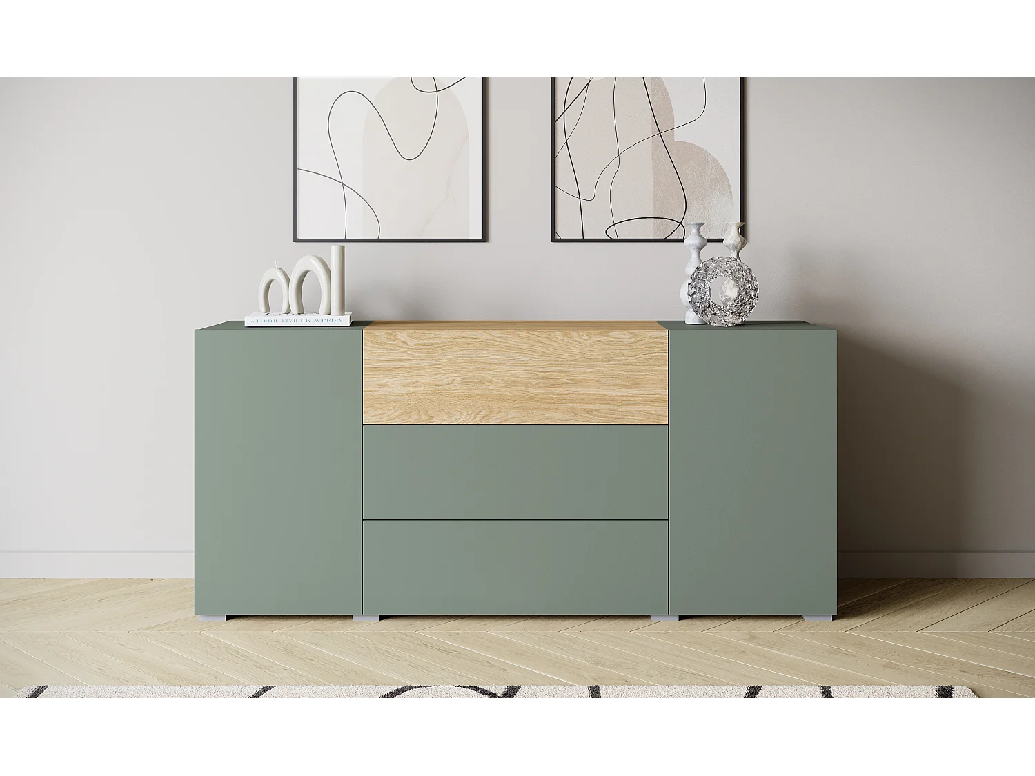 Commode moderne 150 cm sur pieds, 3 tiroirs et 2 placards, finition mate