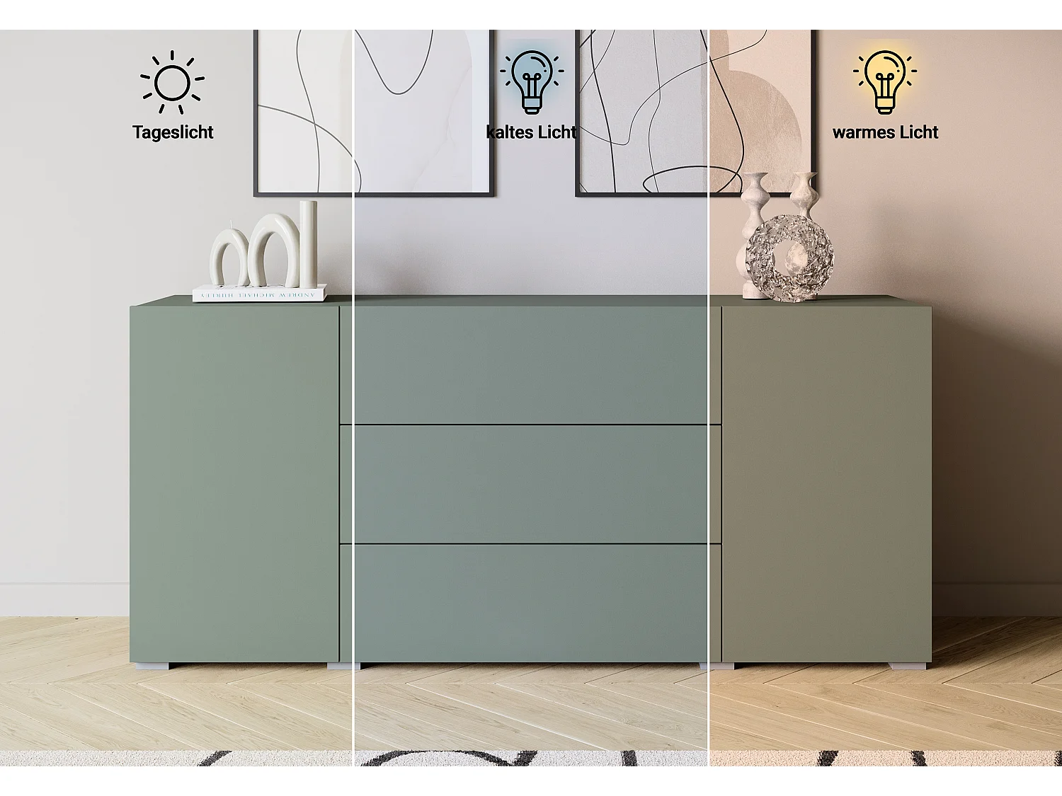 Commode moderne 150 cm sur pieds, 3 tiroirs et 2 placards, finition mate