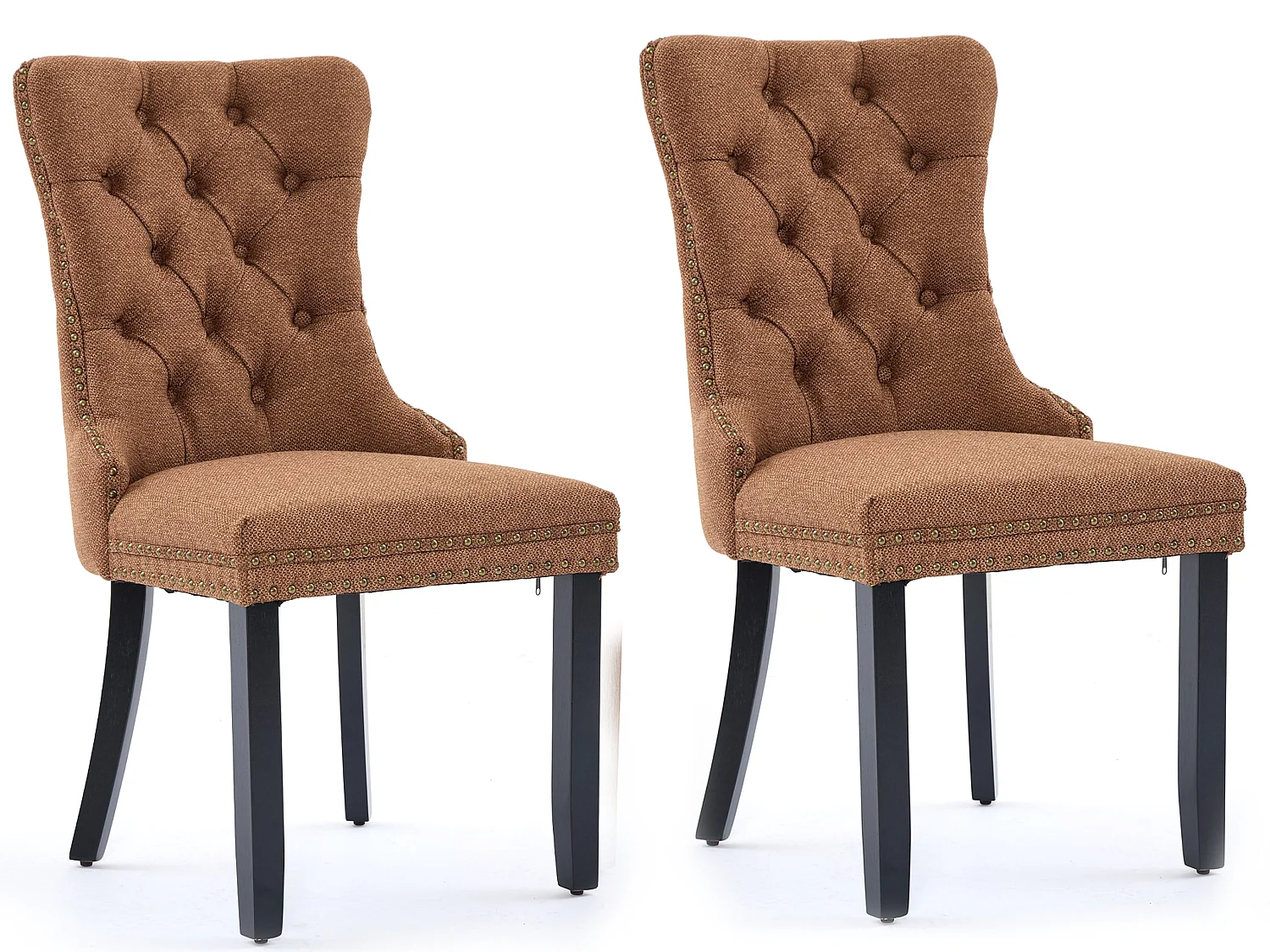 Sedie da Pranzo Francesi Set di 2 con Rivestimento in Lino, Punto Capitonné e Gambe in Legno Massello