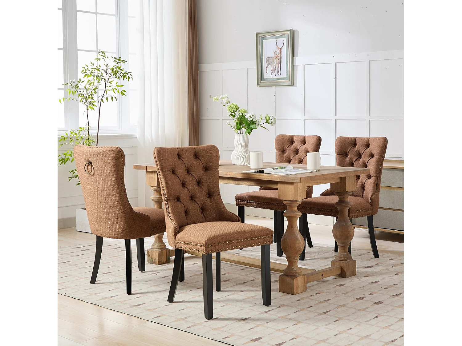 Sedie da Pranzo Francesi Set di 2 con Rivestimento in Lino, Punto Capitonné e Gambe in Legno Massello