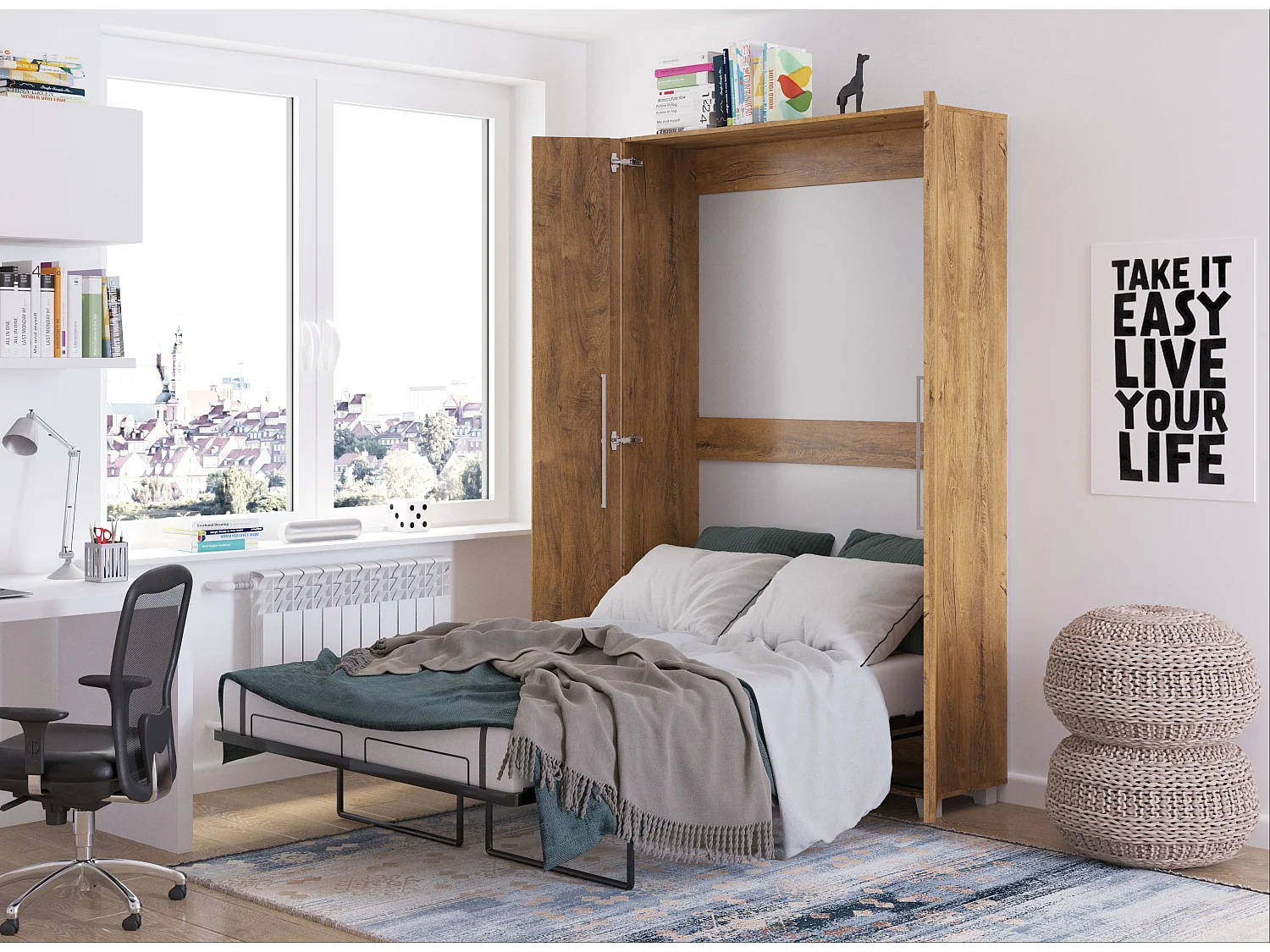 Lit escamotable vertical TEDDY 120 x 200 cm chêne de Bourgogne avec sommier