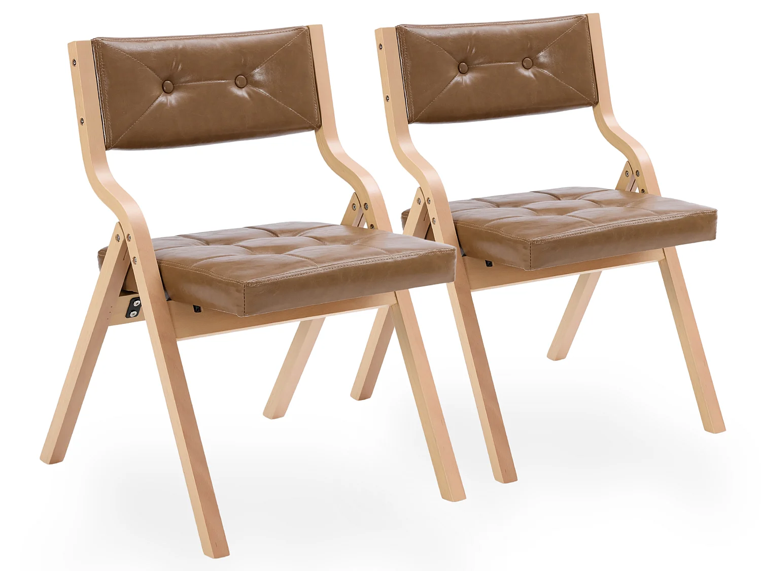 Chaises Pliantes Vintage en Similicuir 2 Pièces avec Cadre en Bois Courbé et Capitonnage Boutonné