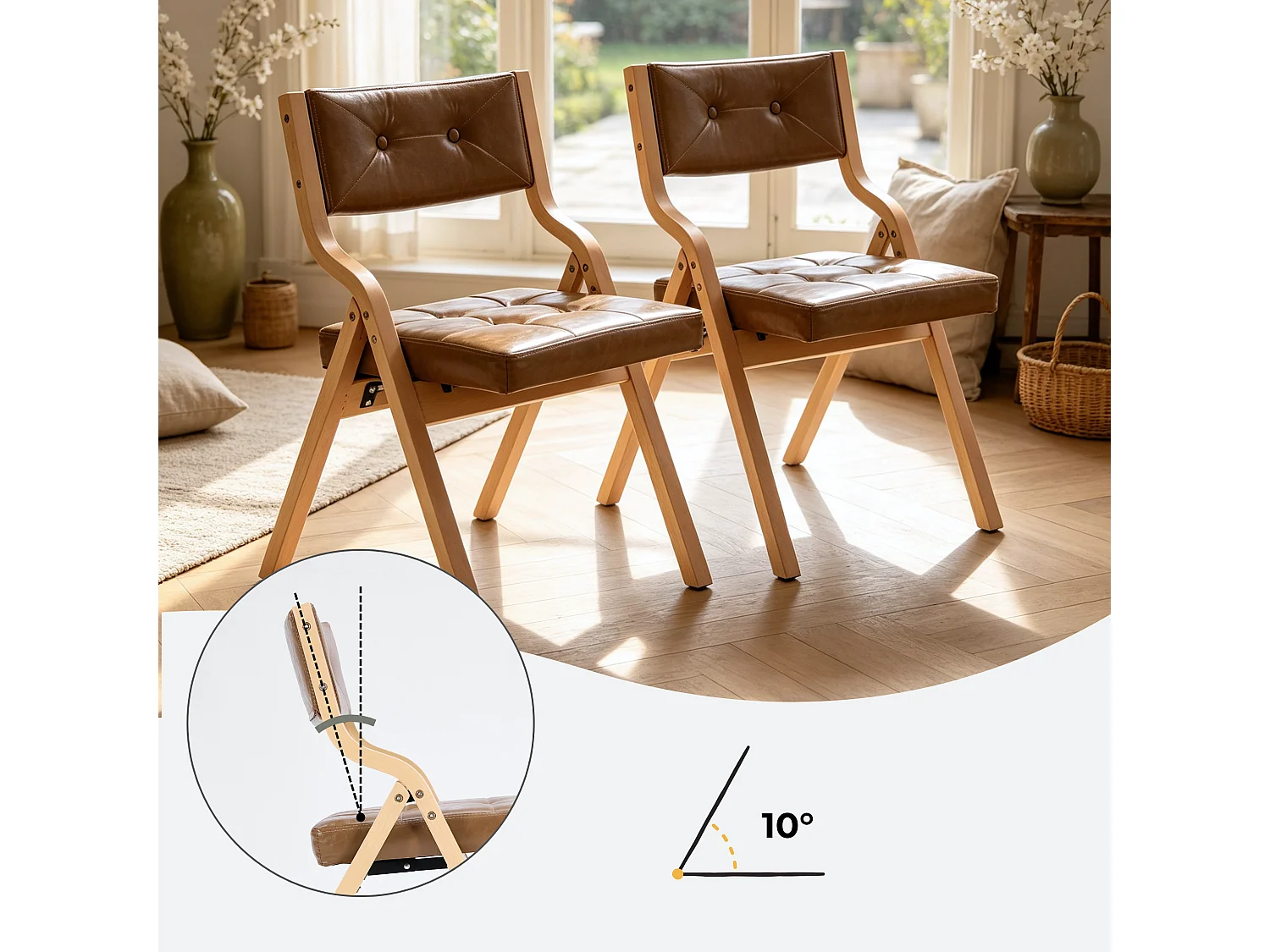 Chaises Pliantes Vintage en Similicuir 2 Pièces avec Cadre en Bois Courbé et Capitonnage Boutonné