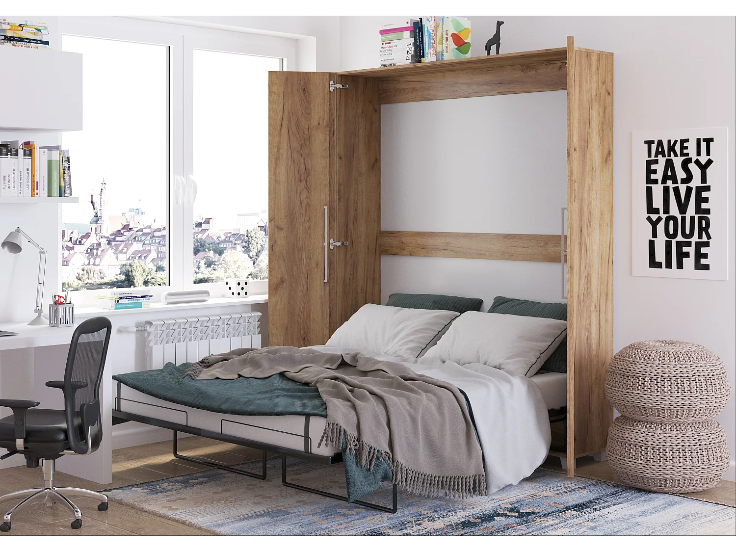 Lit escamotable vertical TEDDY 160 x 200 cm chêne craft doré avec sommier