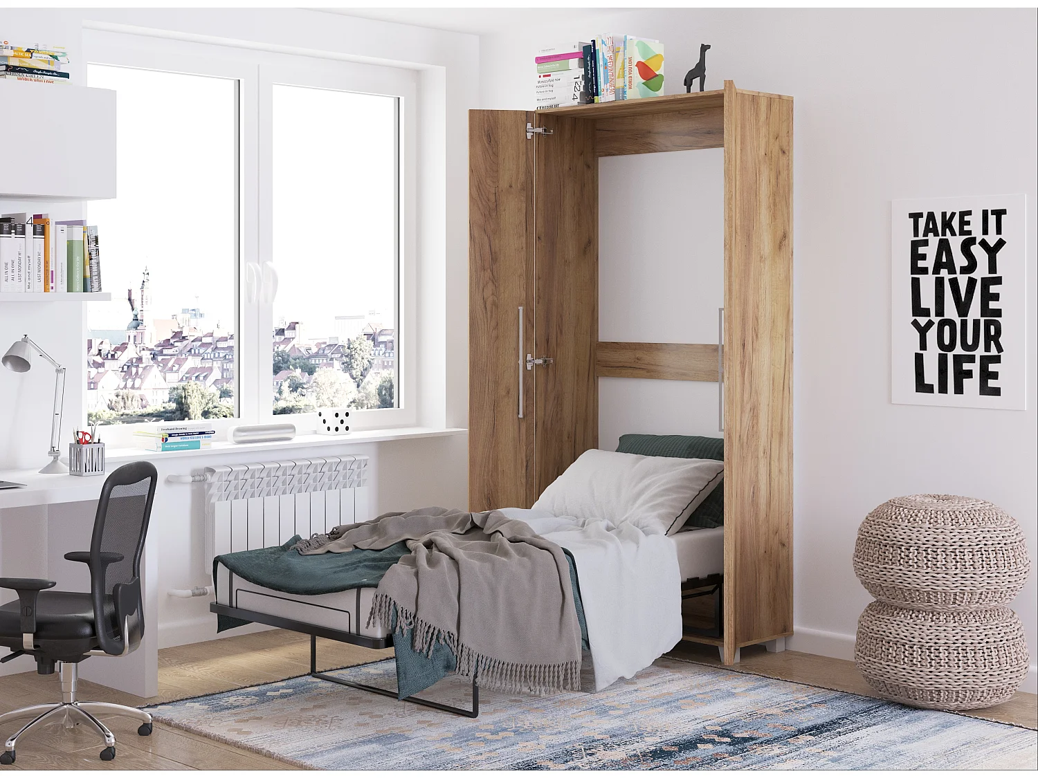 Letto a scomparsa verticale TEDDY 90 x 200 cm rovere craft dorato con rete