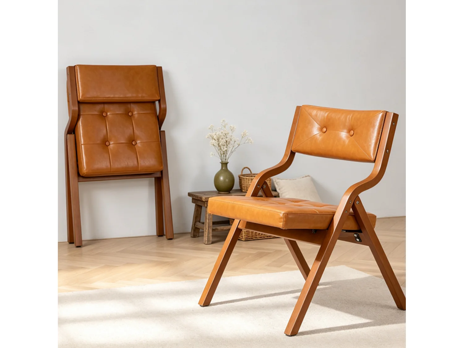 Chaises pliantes avec rembourrage en PU, structure en bois courbé, capitonnage à boutons et capacité de charge de 130 kg – lot de 2