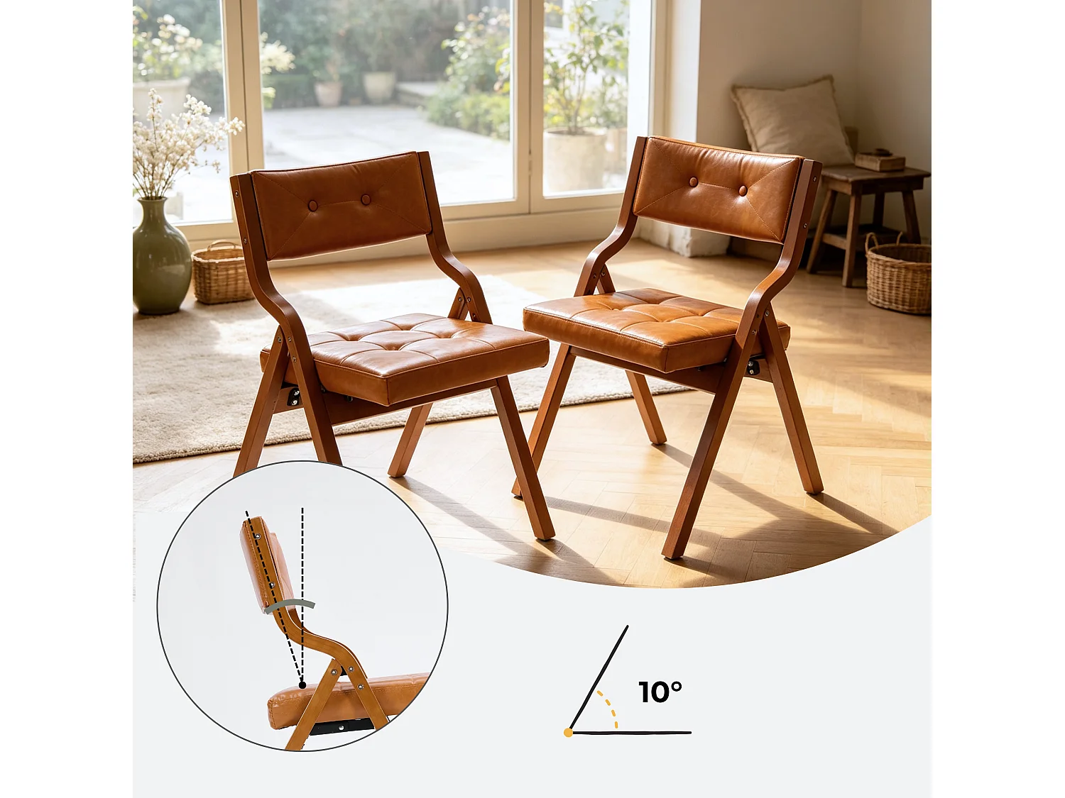 Chaises pliantes avec rembourrage en PU, structure en bois courbé, capitonnage à boutons et capacité de charge de 130 kg – lot de 2