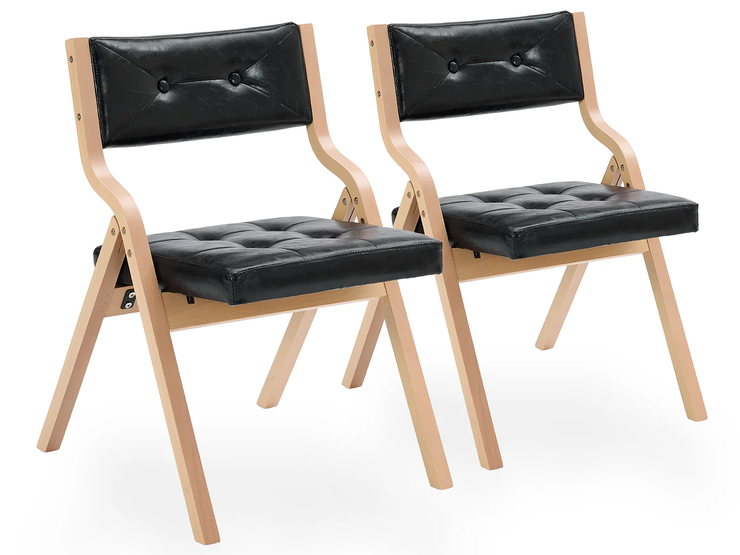 Vintage PU Leren Vouwstoelen 2-Delig Set met Gebogen Houten Frame en Knopenstiksel