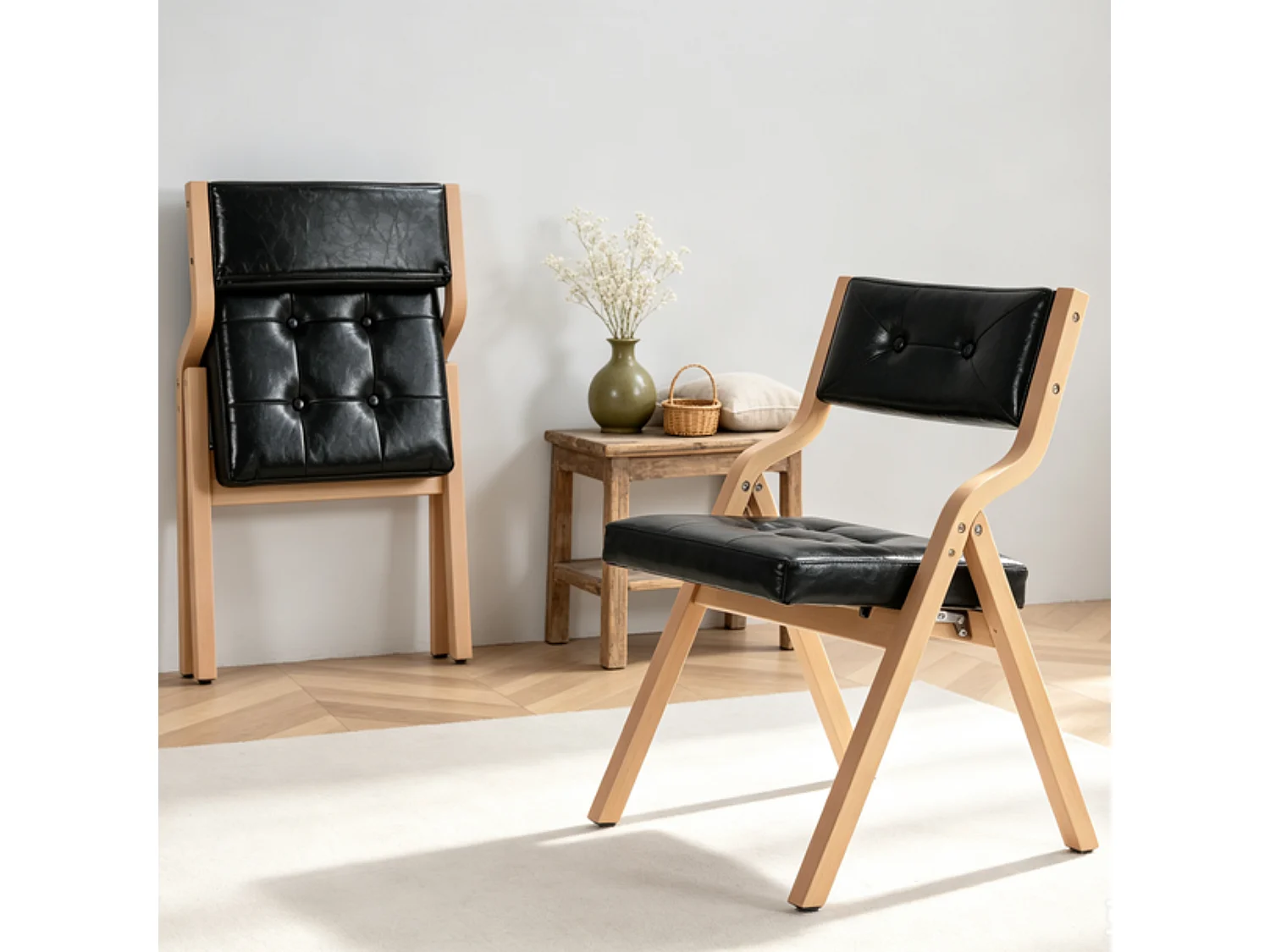 Vintage PU Leren Vouwstoelen 2-Delig Set met Gebogen Houten Frame en Knopenstiksel