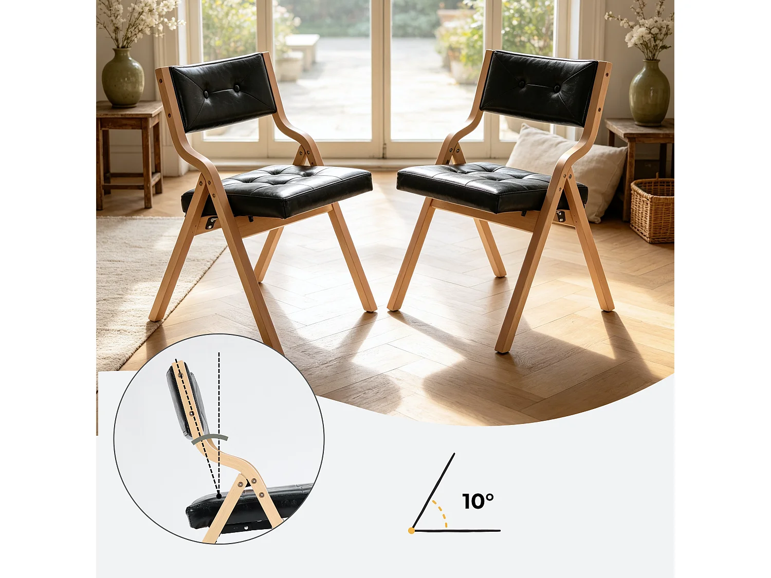 Vintage PU Leren Vouwstoelen 2-Delig Set met Gebogen Houten Frame en Knopenstiksel