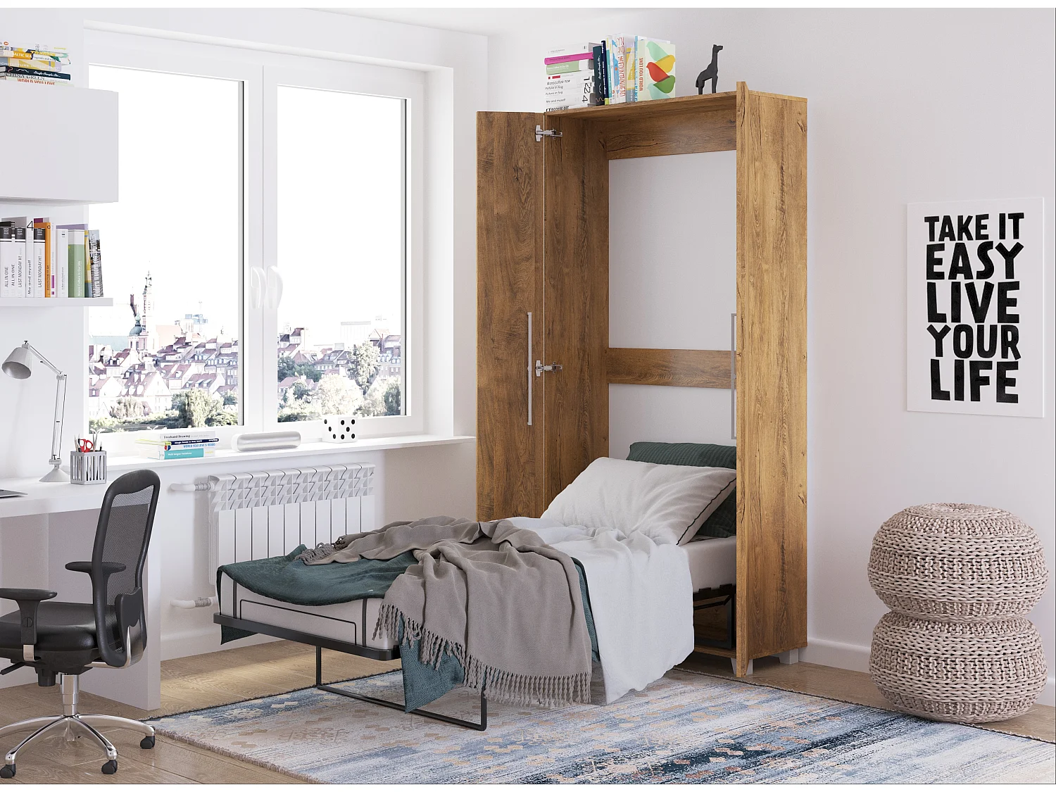 Letto a scomparsa verticale TEDDY 90 x 200 cm rovere borgogna con rete
