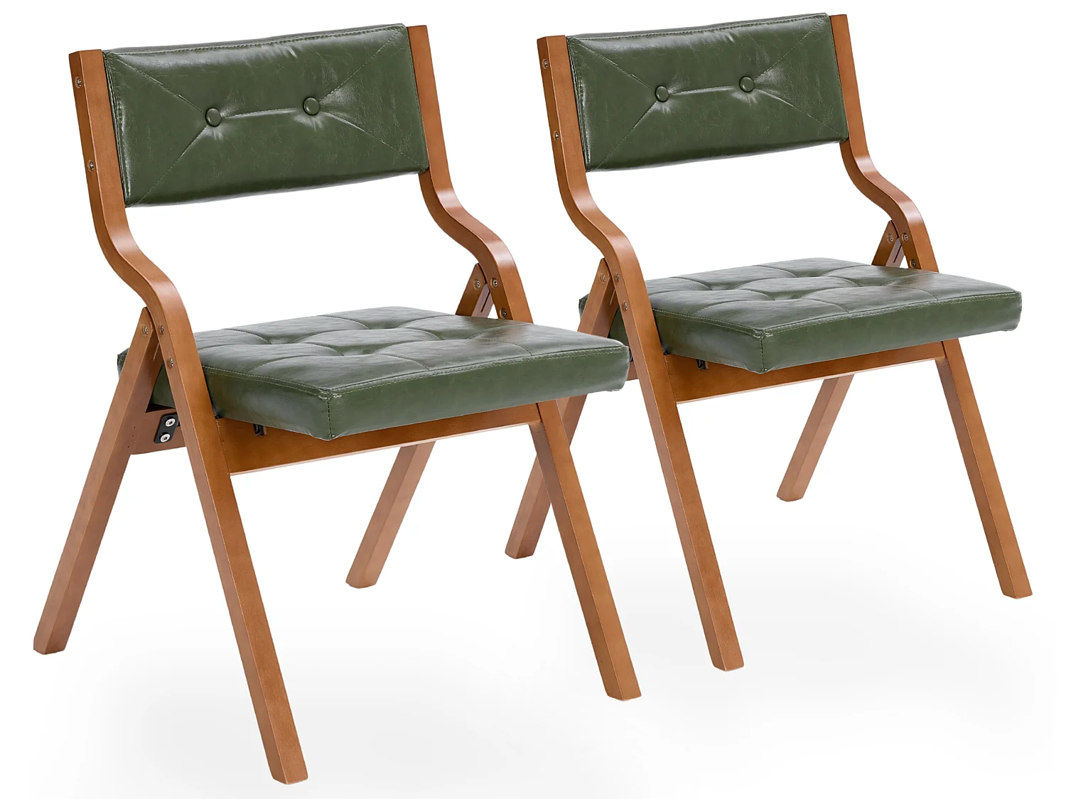 Chaises Pliantes Vintage en Similicuir 2 Pièces avec Cadre en Bois Courbé et Capitonnage Boutonné