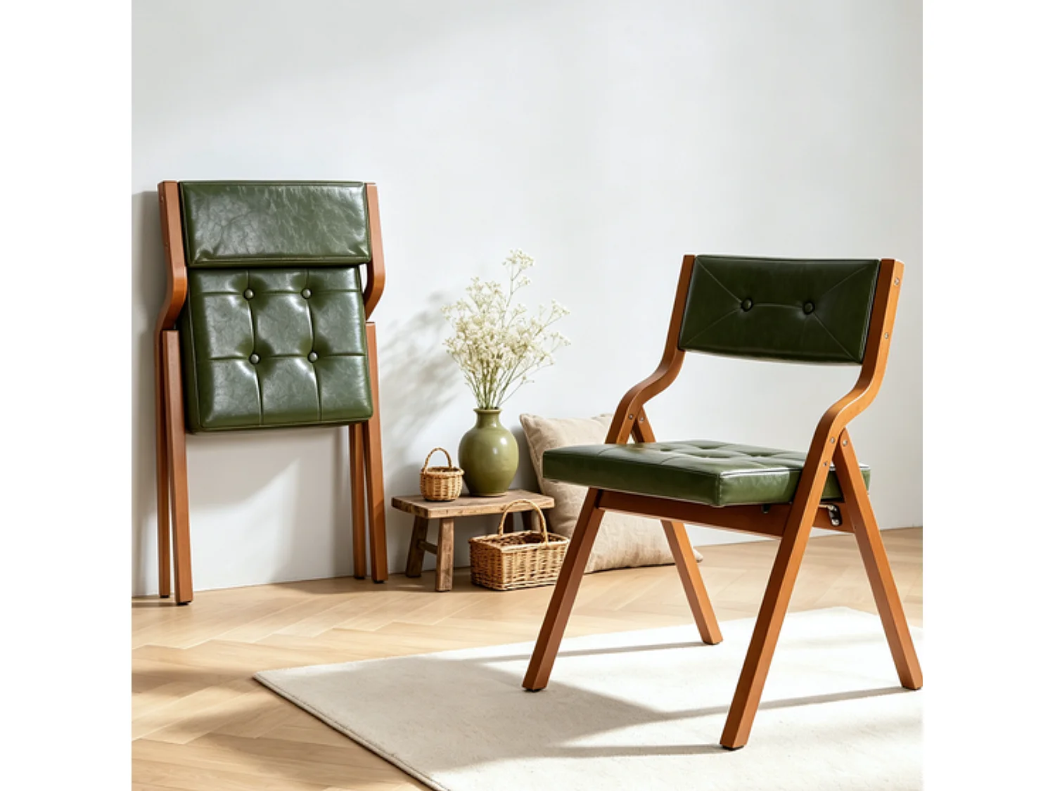 Chaises Pliantes Vintage en Similicuir 2 Pièces avec Cadre en Bois Courbé et Capitonnage Boutonné
